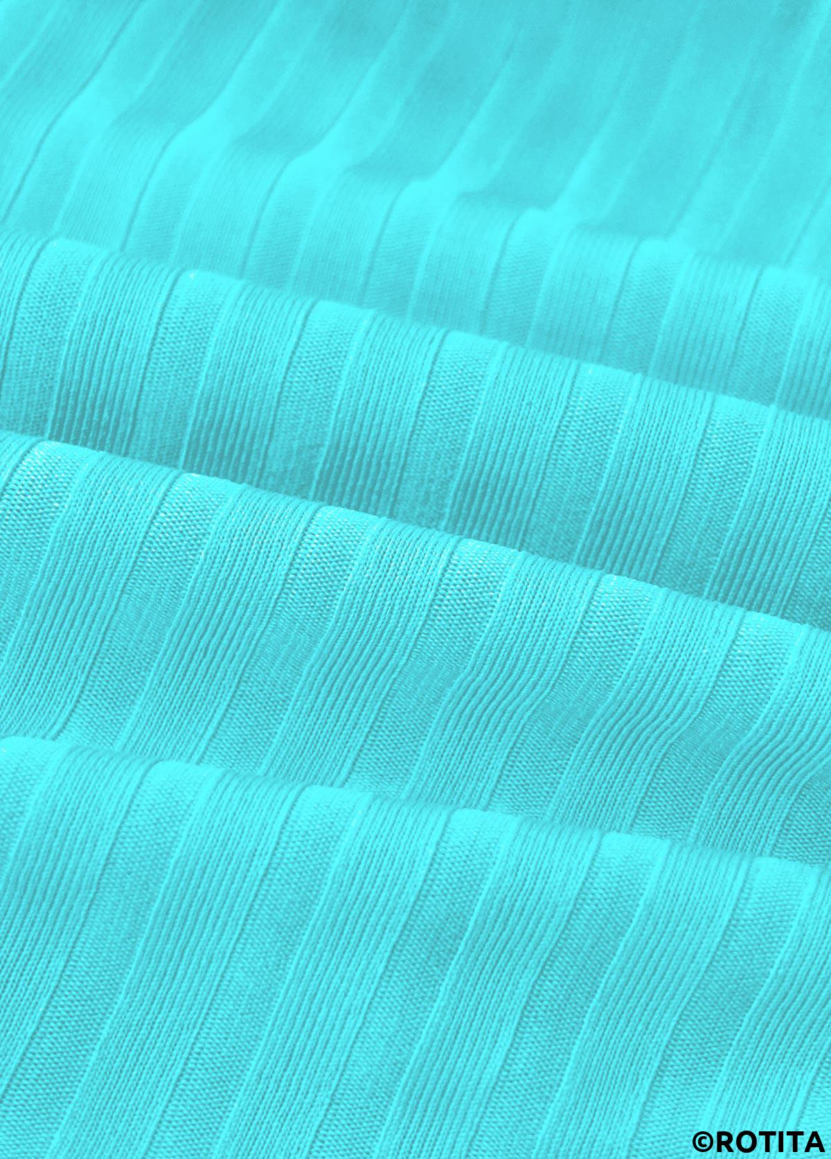 Cyan swimwear,Striped swimwear,Geometric swimwear,ROTITA Contrast Binding Cyan Striped Mid Waisted Tankini Set