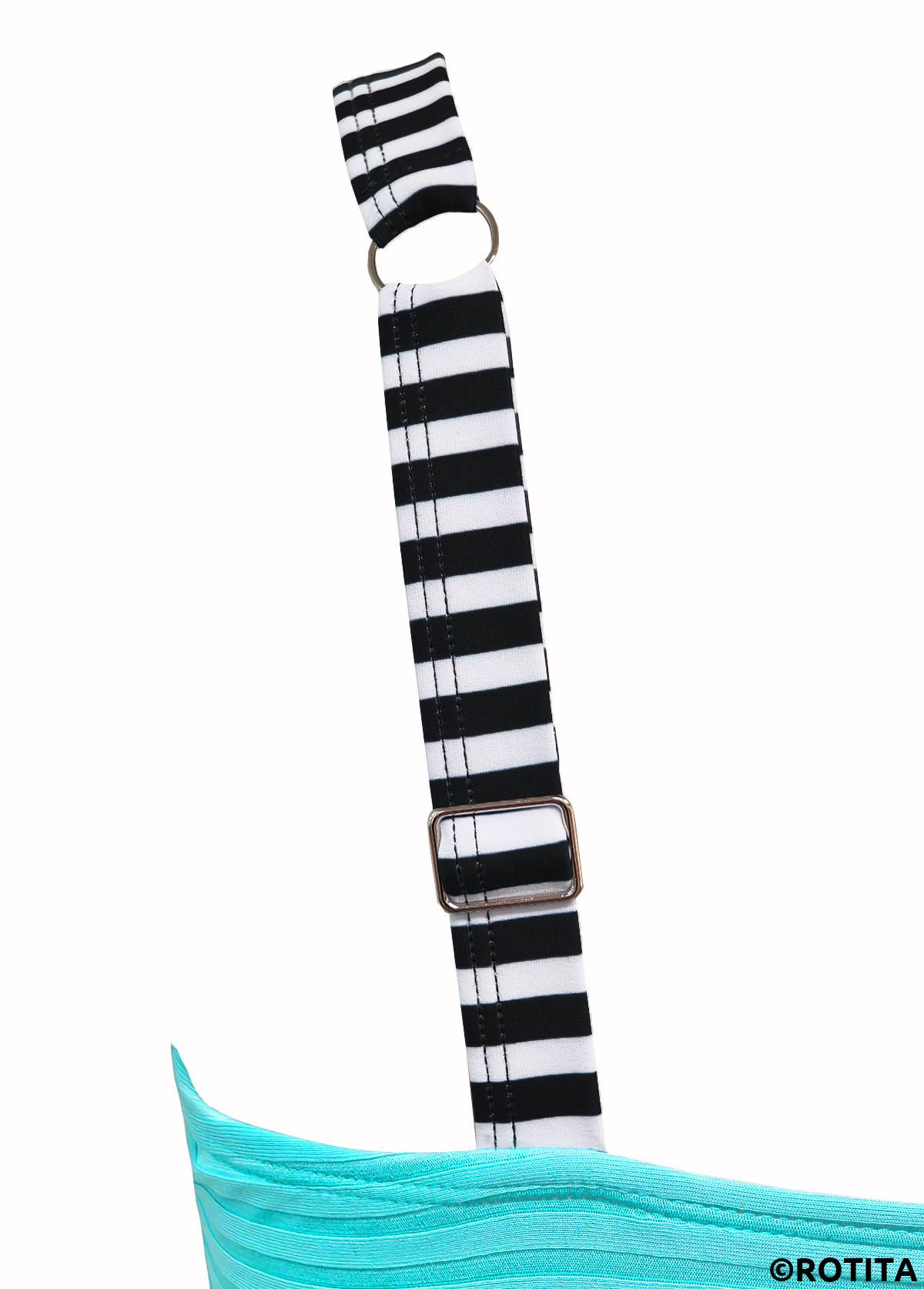 Cyan swimwear,Striped swimwear,Geometric swimwear,ROTITA Contrast Binding Cyan Striped Mid Waisted Tankini Set