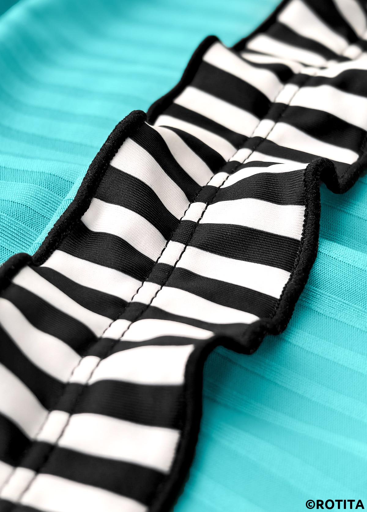 Cyan swimwear,Striped swimwear,Geometric swimwear,ROTITA Contrast Binding Cyan Striped Mid Waisted Tankini Set