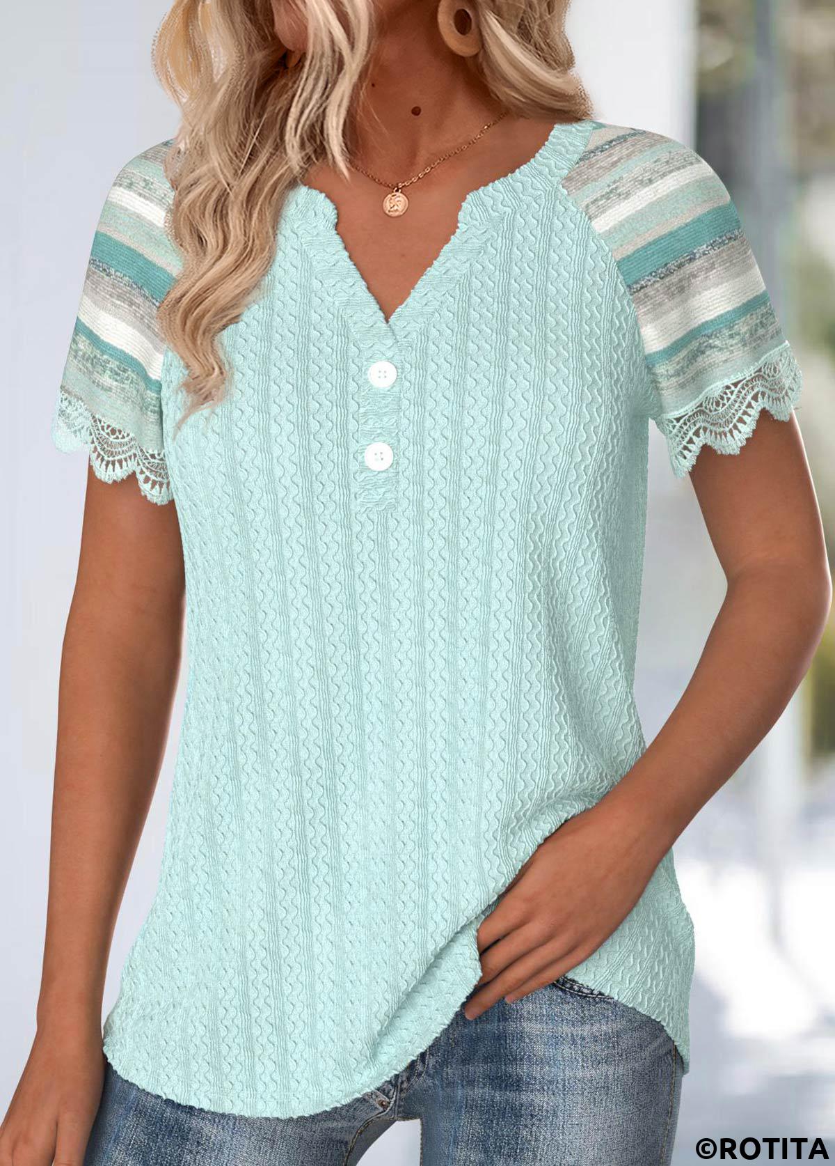Mint Green tops,Striped tops,Geometric tops,ROTITA Embroidery Multi Stripe Print Mint Green T Shirt