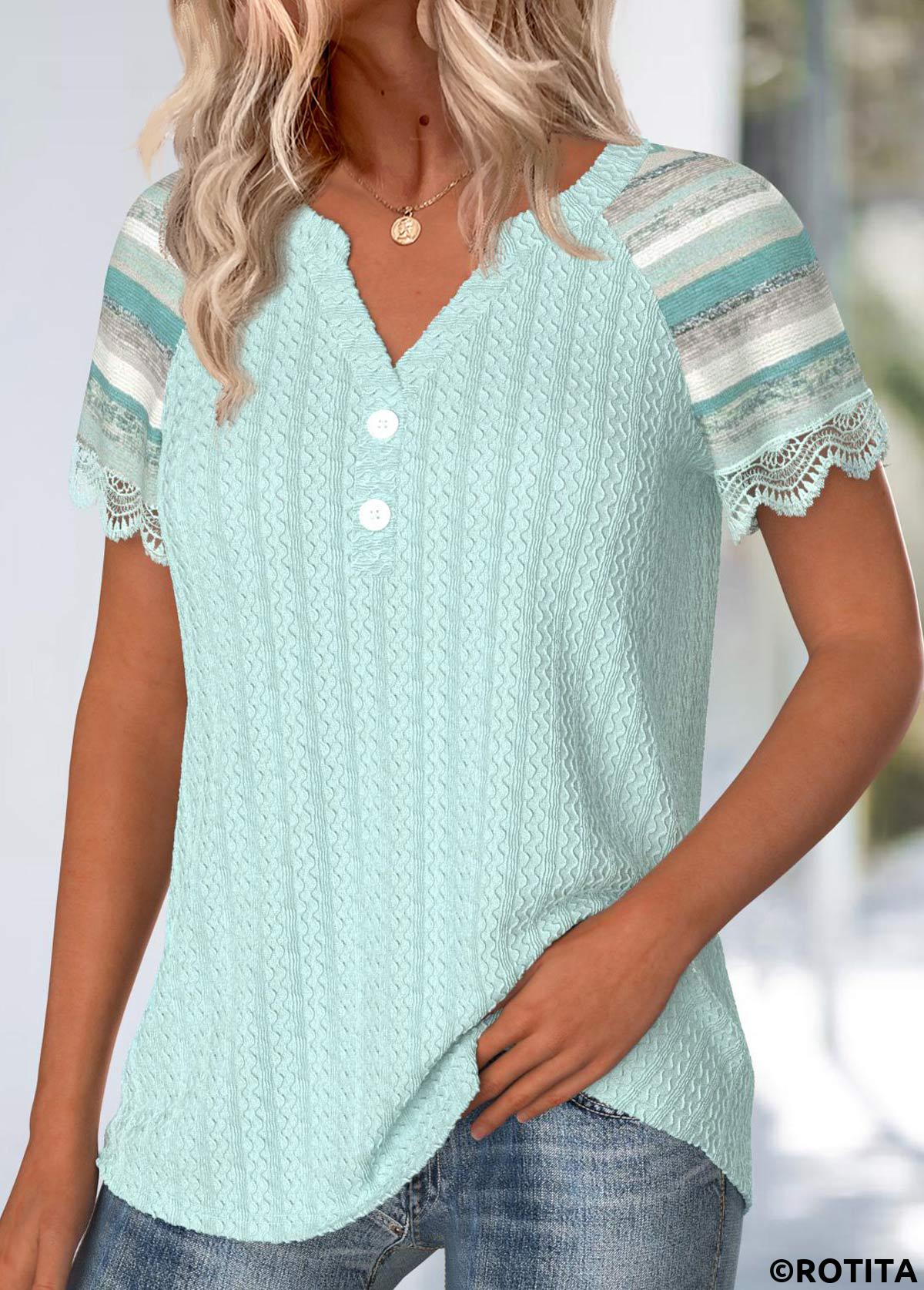Mint Green tops,Striped tops,Geometric tops,ROTITA Embroidery Multi Stripe Print Mint Green T Shirt