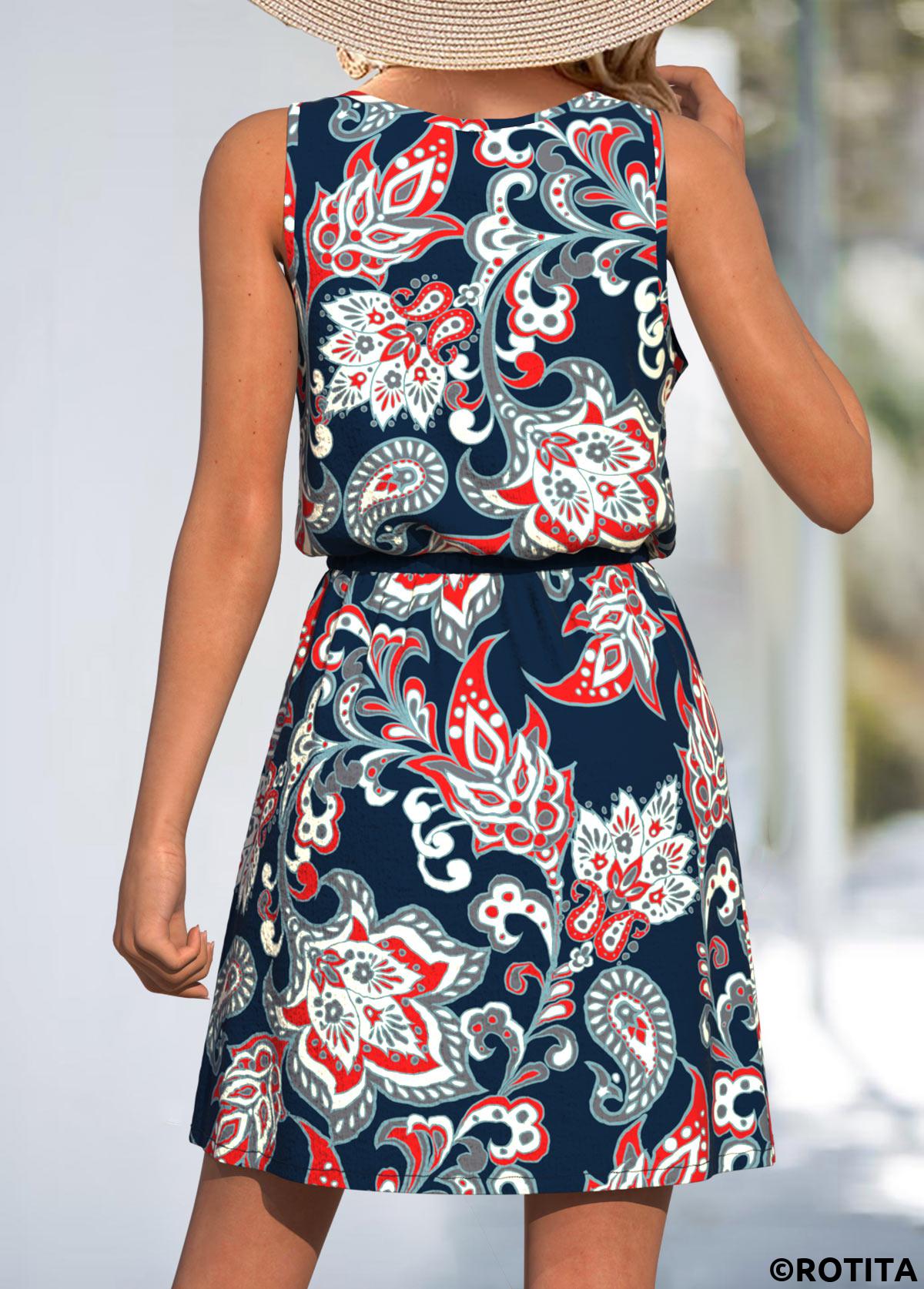 Navy dresses,Paisley dresses,Vacation dresses,Vacation dresses,ROTITA Lace Up Paisley Print Navy Short Scoop Neck Dress