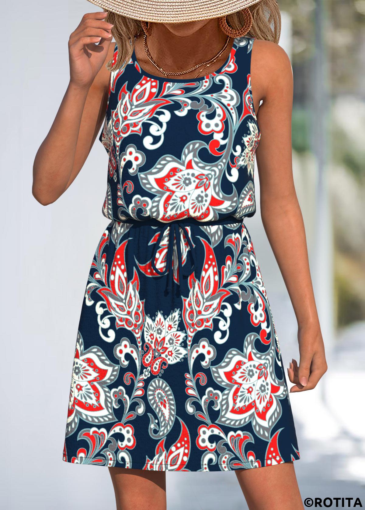 Navy dresses,Paisley dresses,Vacation dresses,Vacation dresses,ROTITA Lace Up Paisley Print Navy Short Scoop Neck Dress