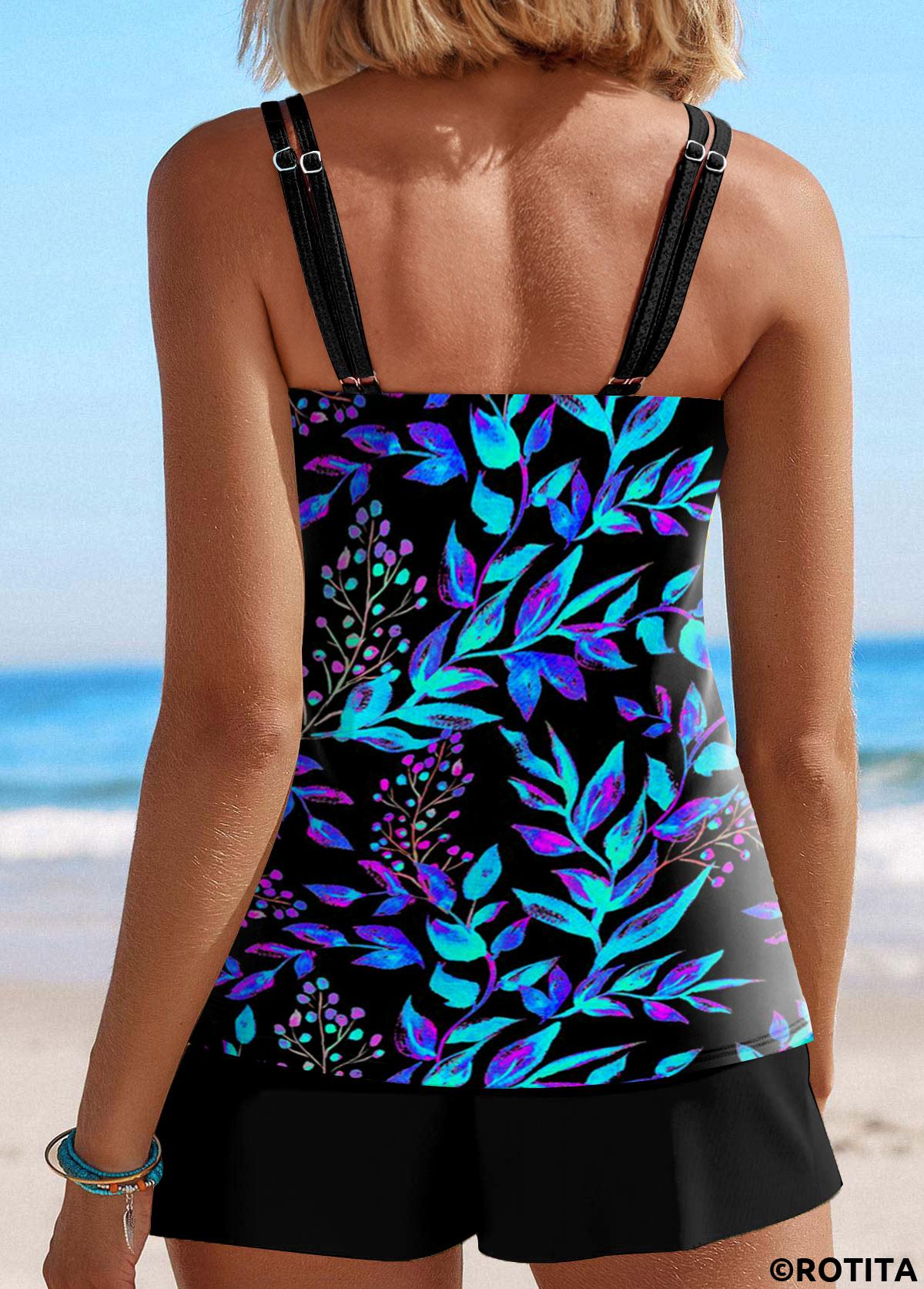 Cyan swimwear,Floral swimwear,Plants swimwear,ROTITA Contrast Binding Cyan Floral Print Tankini Top