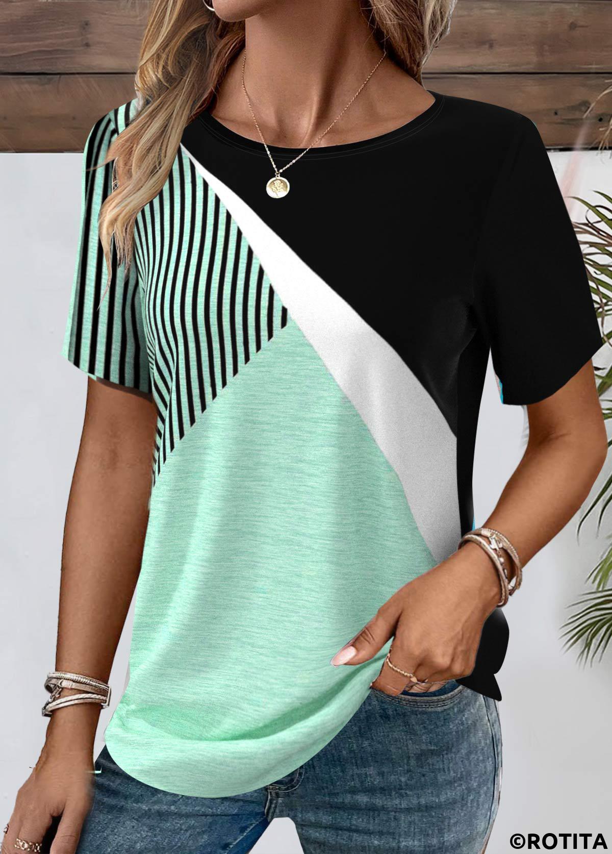 Black tops,Geometric tops,ROTITA Patchwork Geometric Print Black Round Neck T Shirt