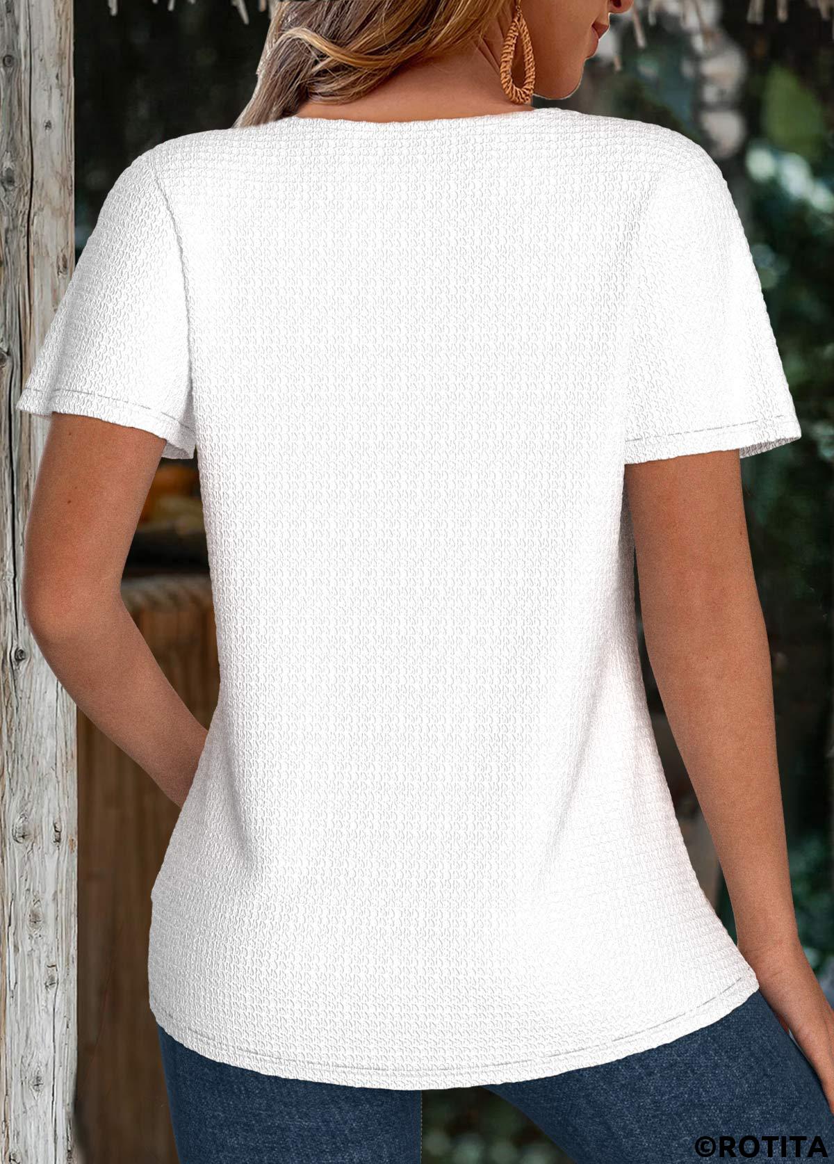 White tops,Plain Color tops,ROTITA White Round Neck Short Sleeve T Shirt