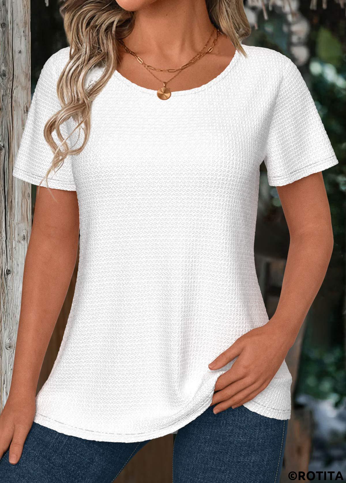 White tops,Plain Color tops,ROTITA White Round Neck Short Sleeve T Shirt