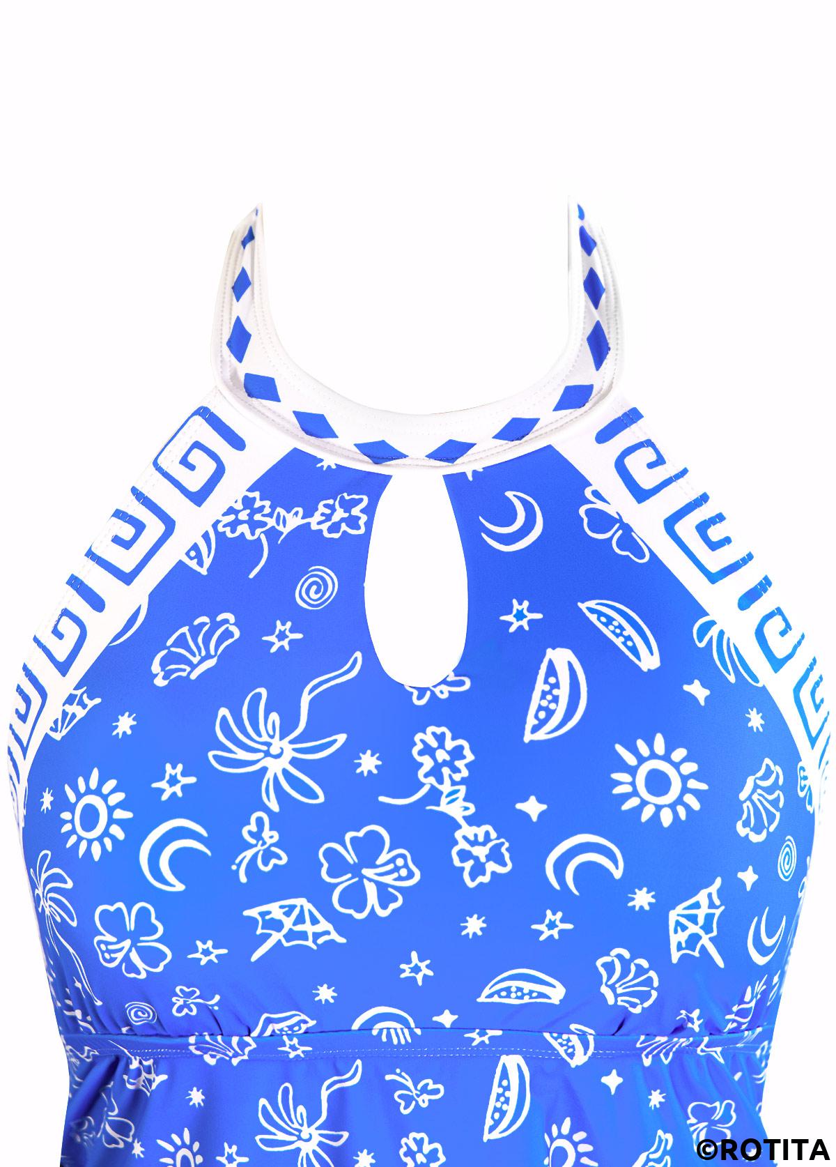 Blue swimwear,Floral swimwear,Plants swimwear,Geometric swimwear,ROTITA Cut Out Blue Floral Print Mid Waisted Tankini Set