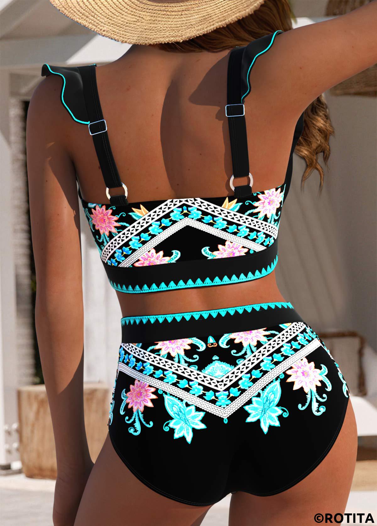 Black swimwear,Tribal swimwear,ROTITA Circular Ring Black Tribal Print Mid Waisted Bikini Set