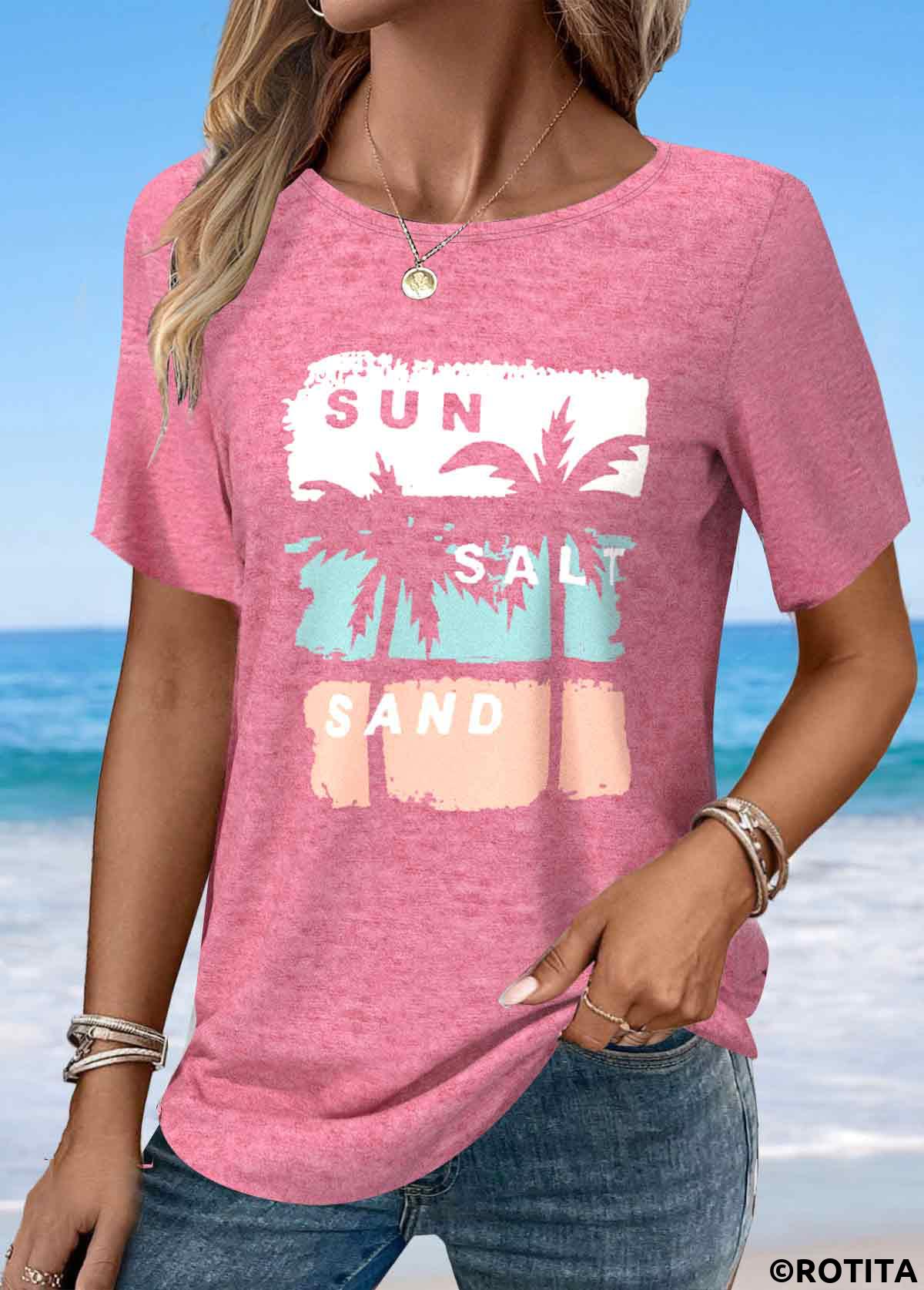 ROTITA Leaf Print Pink Round Neck Long Sleeve T Shirt
