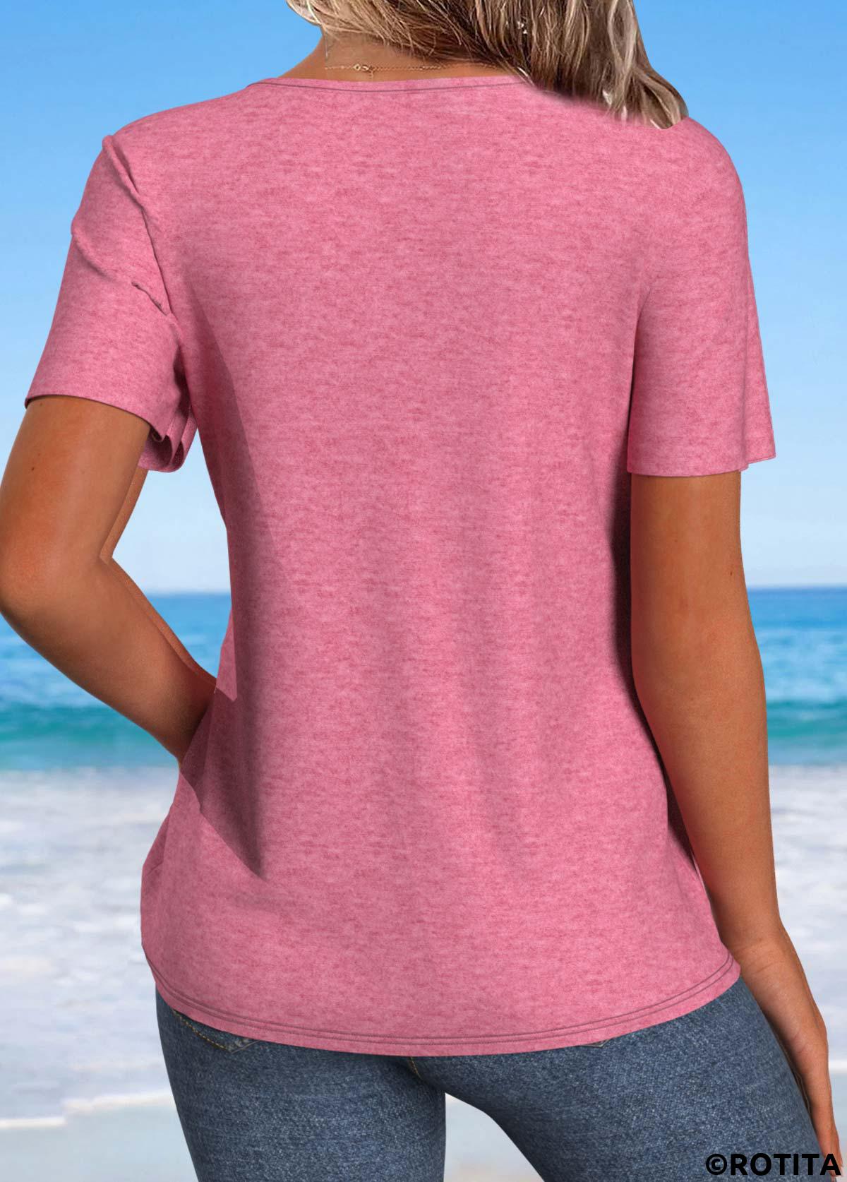 Pink tops,Plants tops,Letter tops,ROTITA Tropical Plants Print Pink Round Neck T Shirt