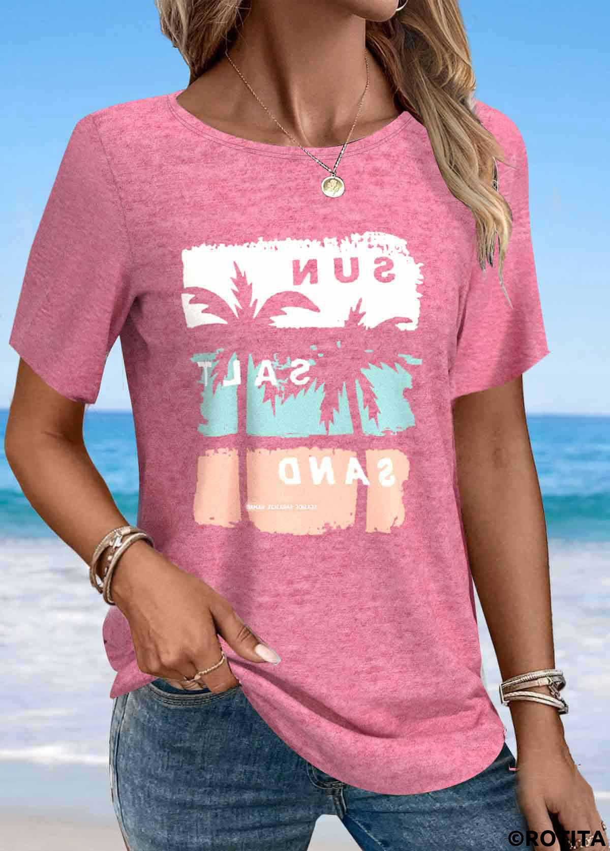 Pink tops,Plants tops,Letter tops,ROTITA Tropical Plants Print Pink Round Neck T Shirt