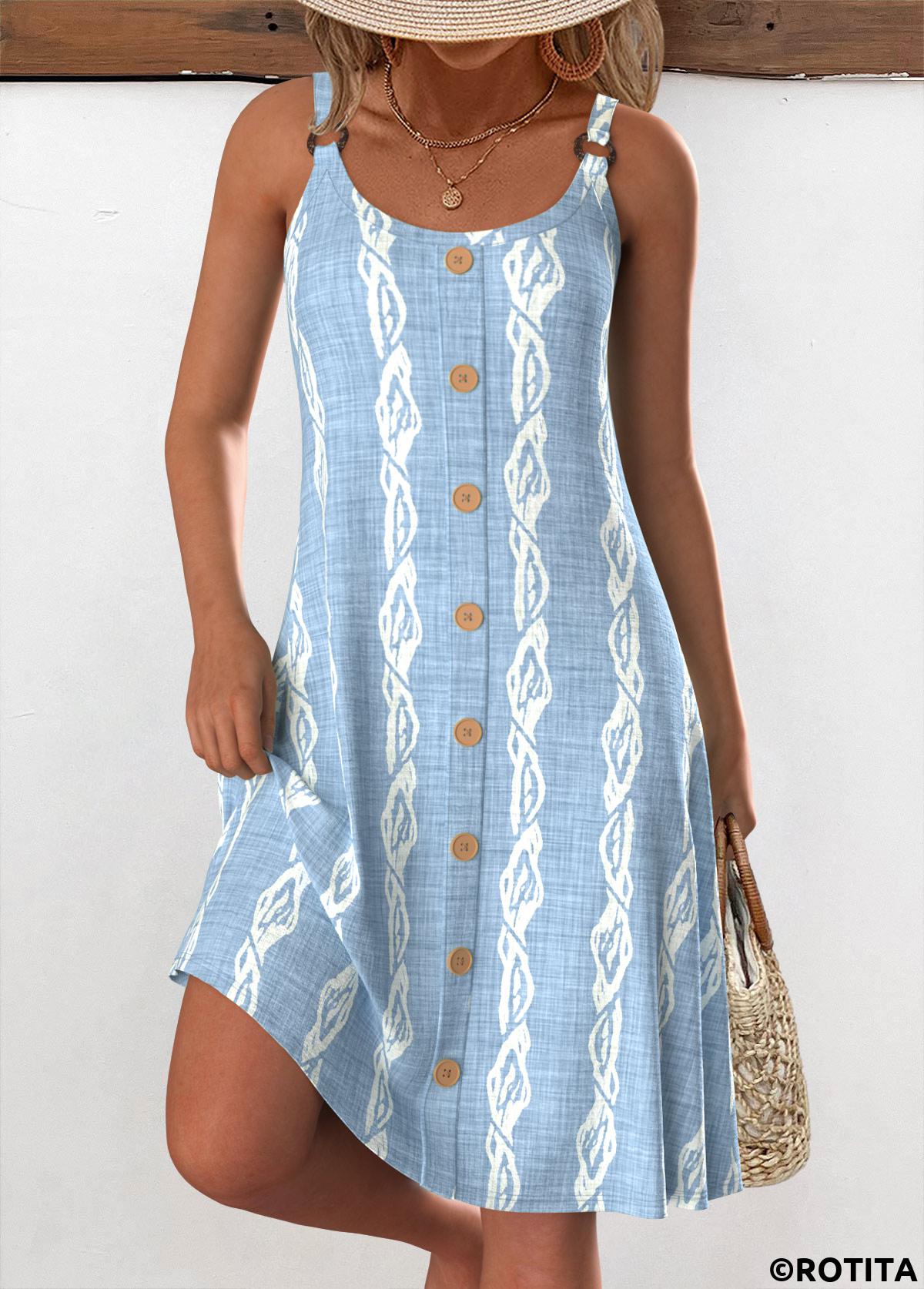 Light Blue dresses,Animal Print dresses,Everyday dresses,Casual dresses,ROTITA Circular Ring Tropical Plants Print Light Blue Strappy Dress
