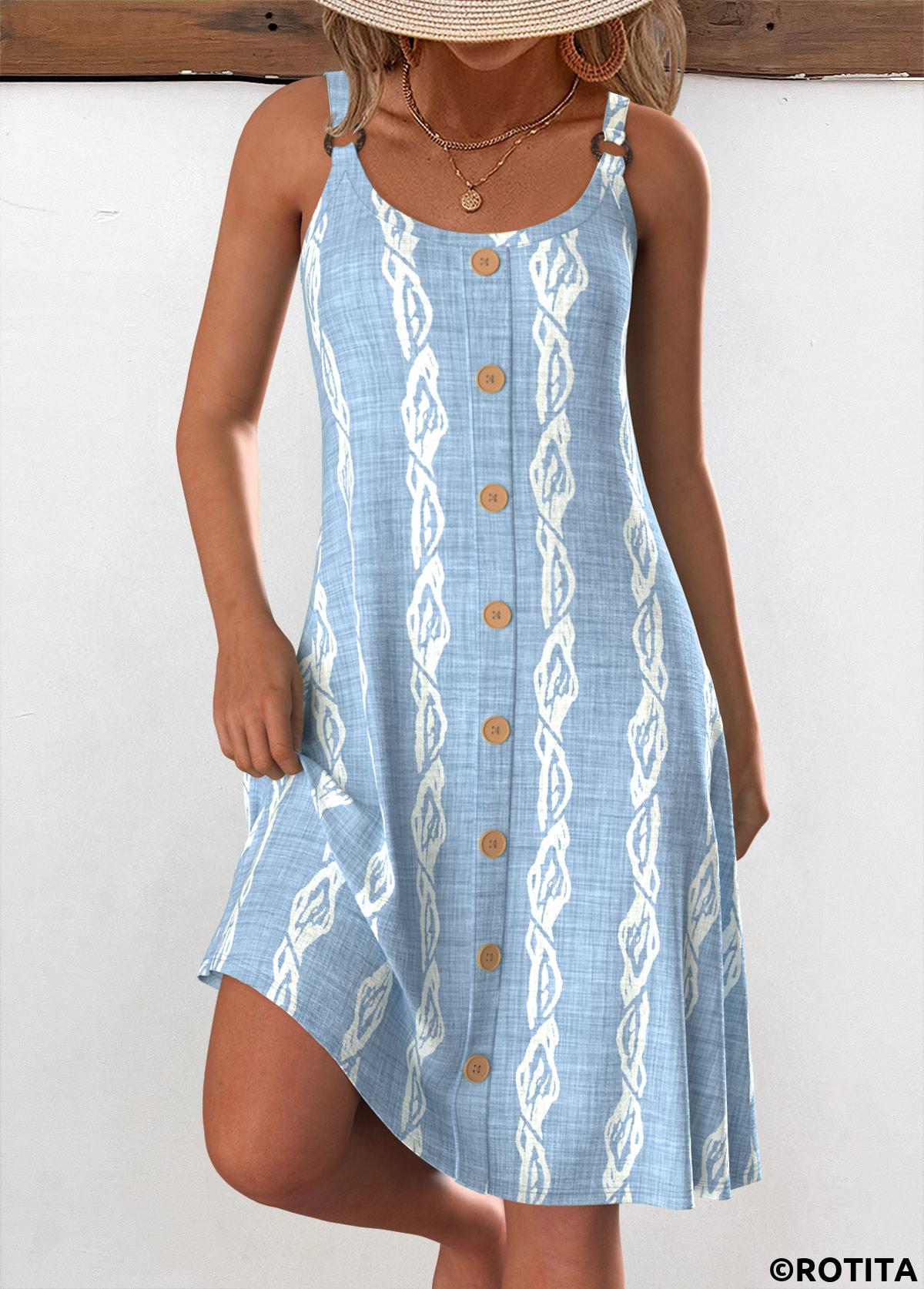 Light Blue dresses,Animal Print dresses,Everyday dresses,Casual dresses,ROTITA Circular Ring Tropical Plants Print Light Blue Strappy Dress