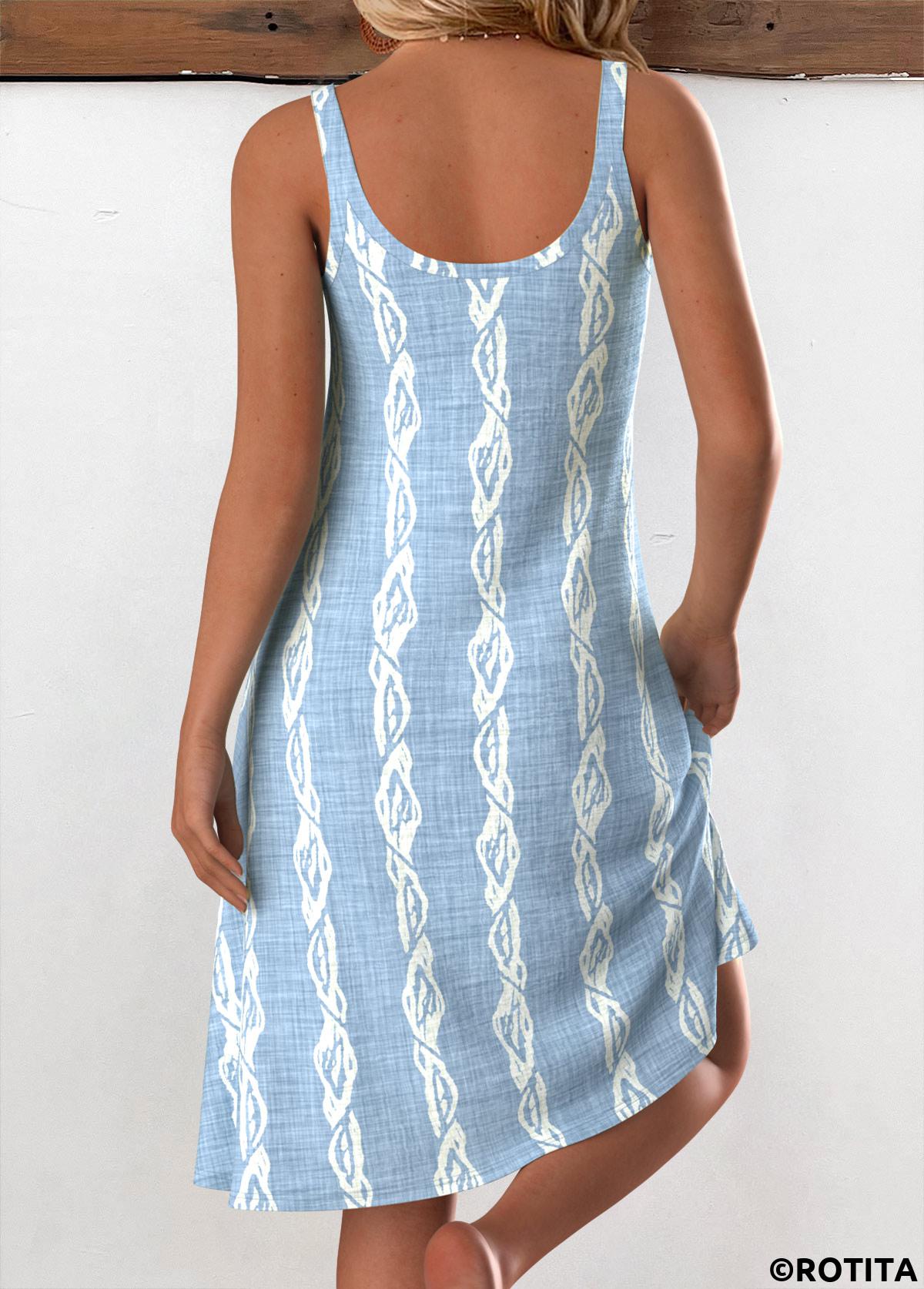 Light Blue dresses,Animal Print dresses,Everyday dresses,Casual dresses,ROTITA Circular Ring Tropical Plants Print Light Blue Strappy Dress