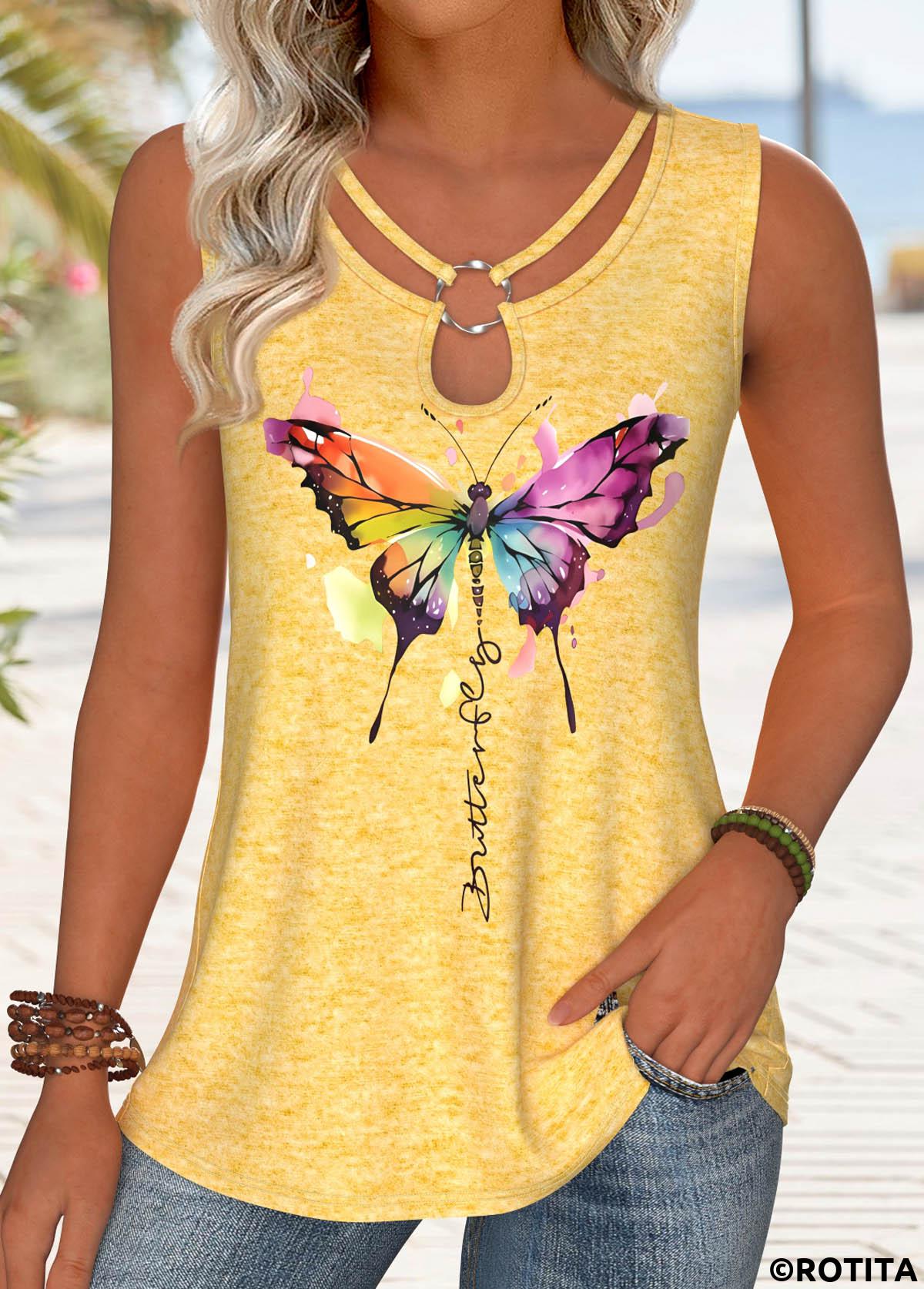 Yellow plus size,Animal Print plus size,ROTITA Plus Size Circular Ring Yellow Butterfly Print Tank Top