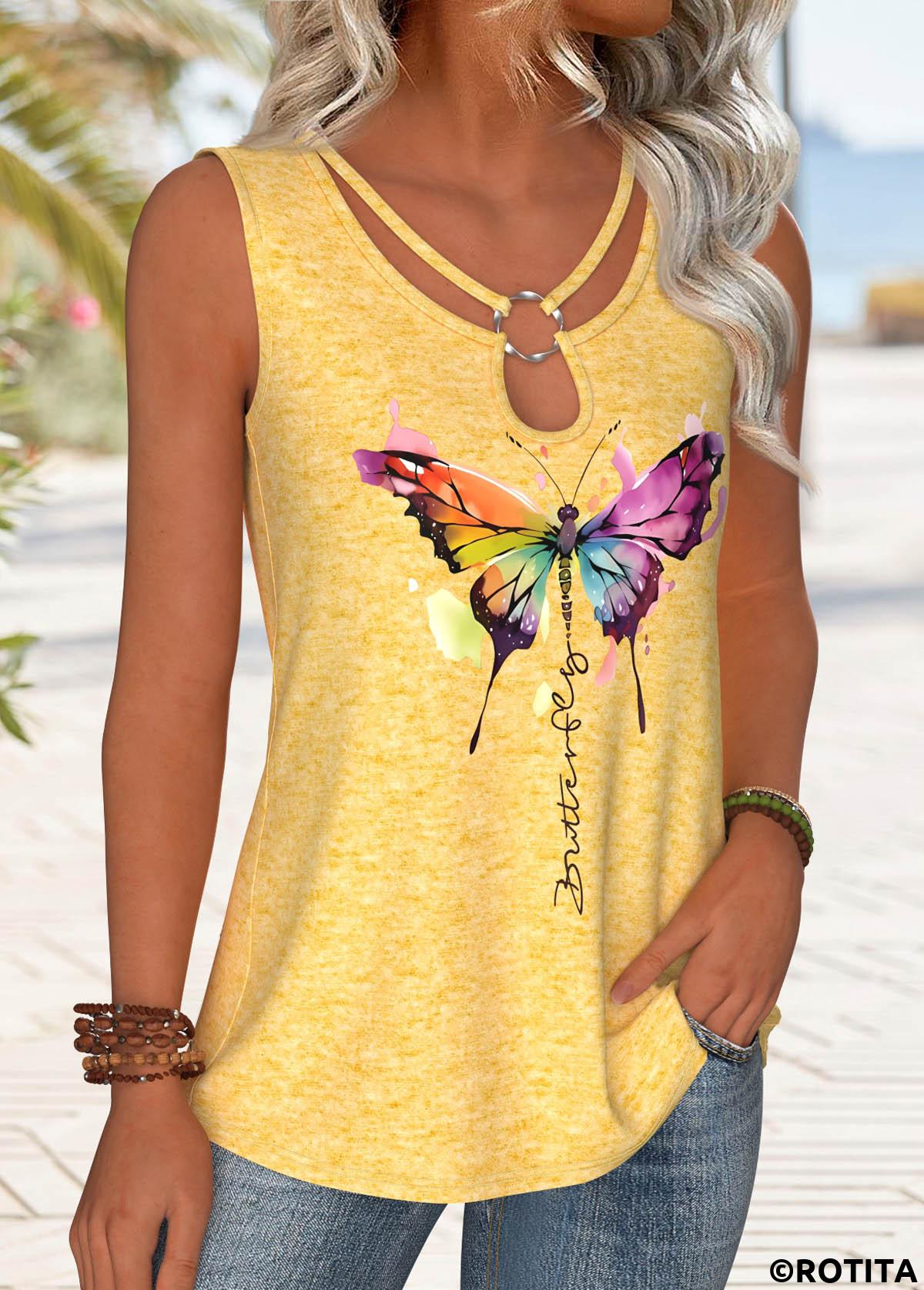Yellow plus size,Animal Print plus size,ROTITA Plus Size Circular Ring Yellow Butterfly Print Tank Top