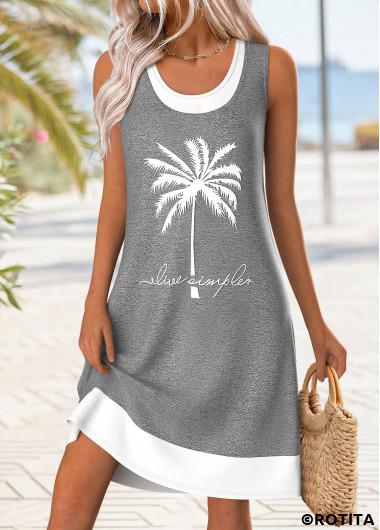 ROTITA Patchwork Tropical Plants Print Grey Short A Line Dress