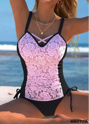ROTITA Lace Light Pink Mid Waisted Tankini Set
