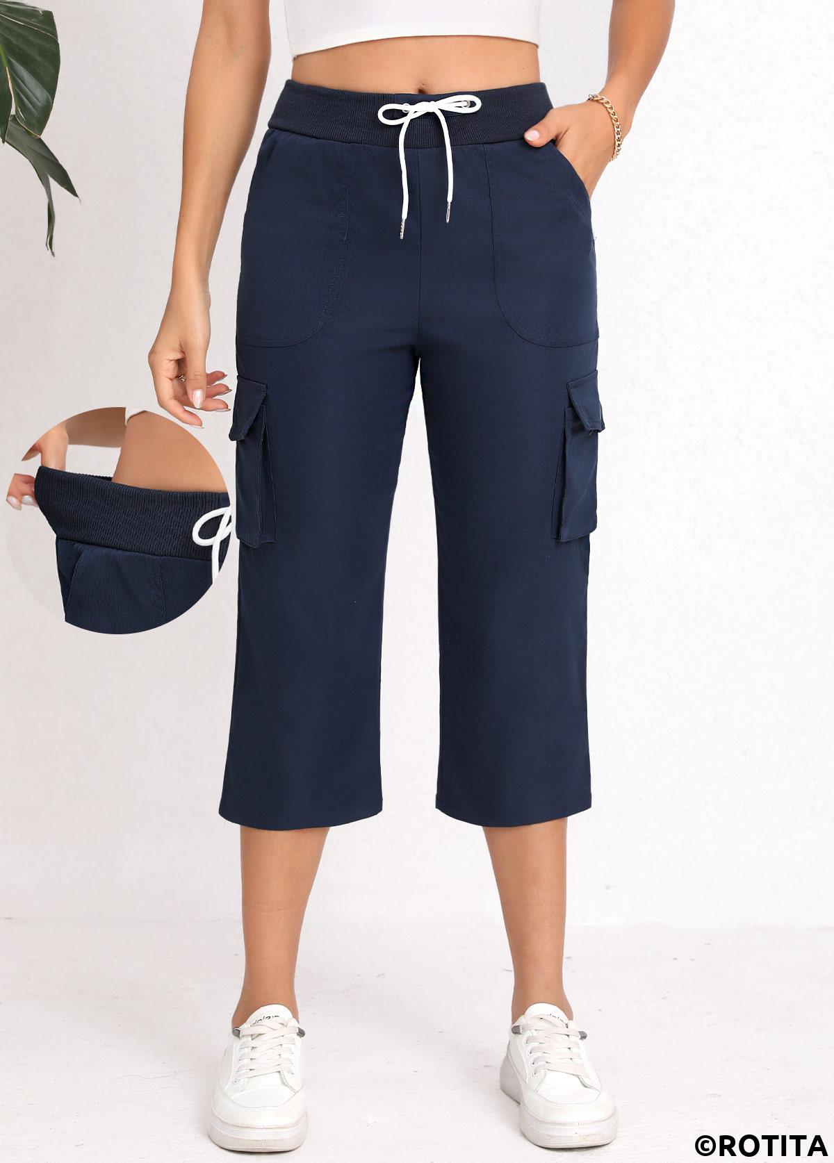 Navy bottoms,Plain Color bottoms,Lace Up Navy Straight Leg Elastic Waist Pants