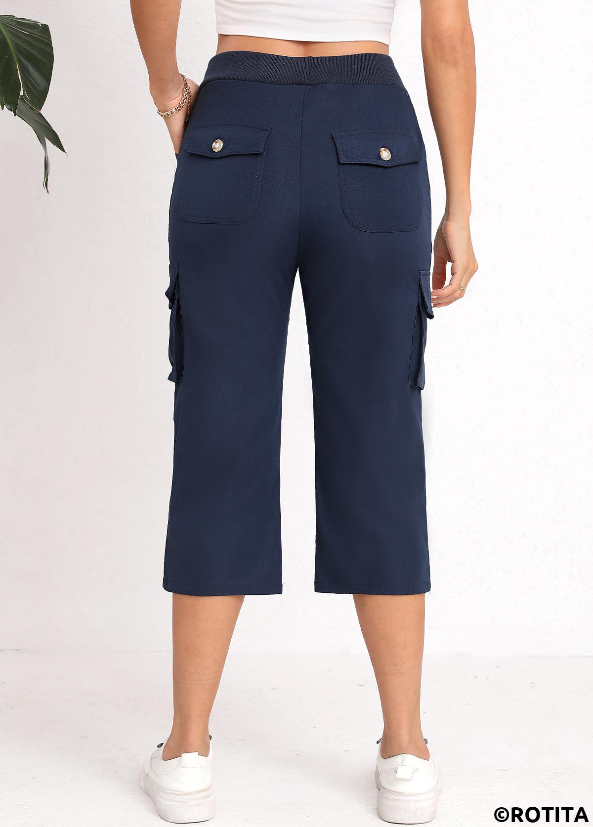 Navy bottoms,Plain Color bottoms,Lace Up Navy Straight Leg Elastic Waist Pants