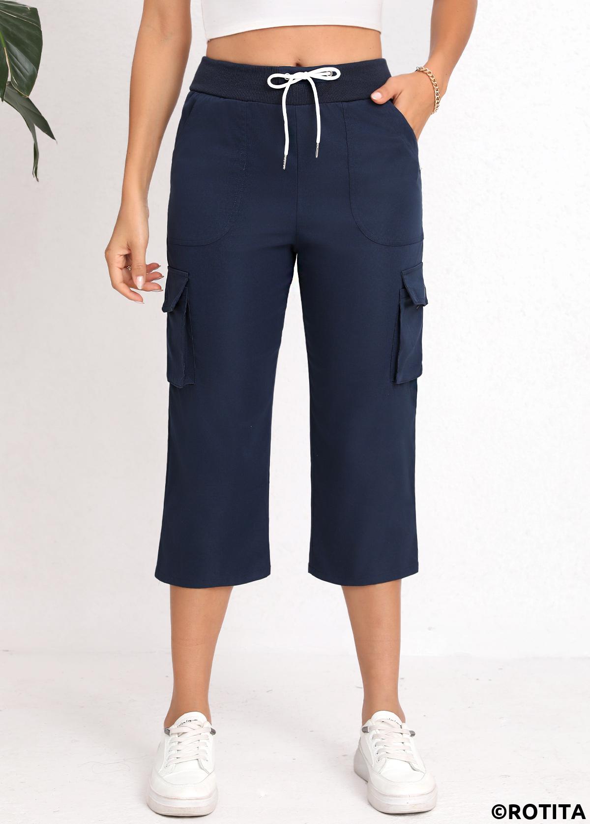 Navy bottoms,Plain Color bottoms,Lace Up Navy Straight Leg Elastic Waist Pants