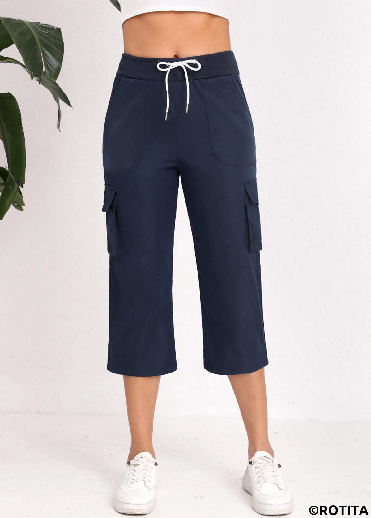 Navy bottoms,Plain Color bottoms,Lace Up Navy Straight Leg Elastic Waist Pants