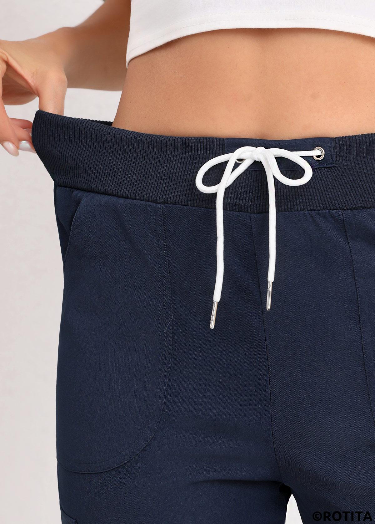 Navy bottoms,Plain Color bottoms,Lace Up Navy Straight Leg Elastic Waist Pants