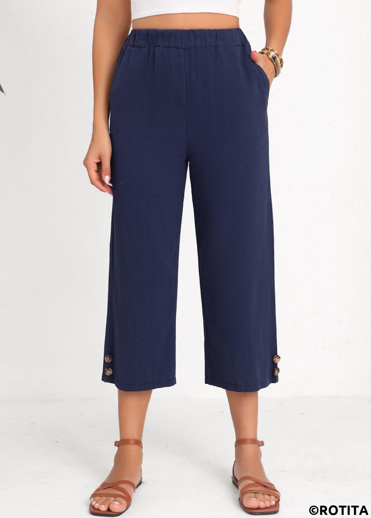 Navy bottoms,Plain Color bottoms,Button Navy Elastic Waist High Waisted Pants