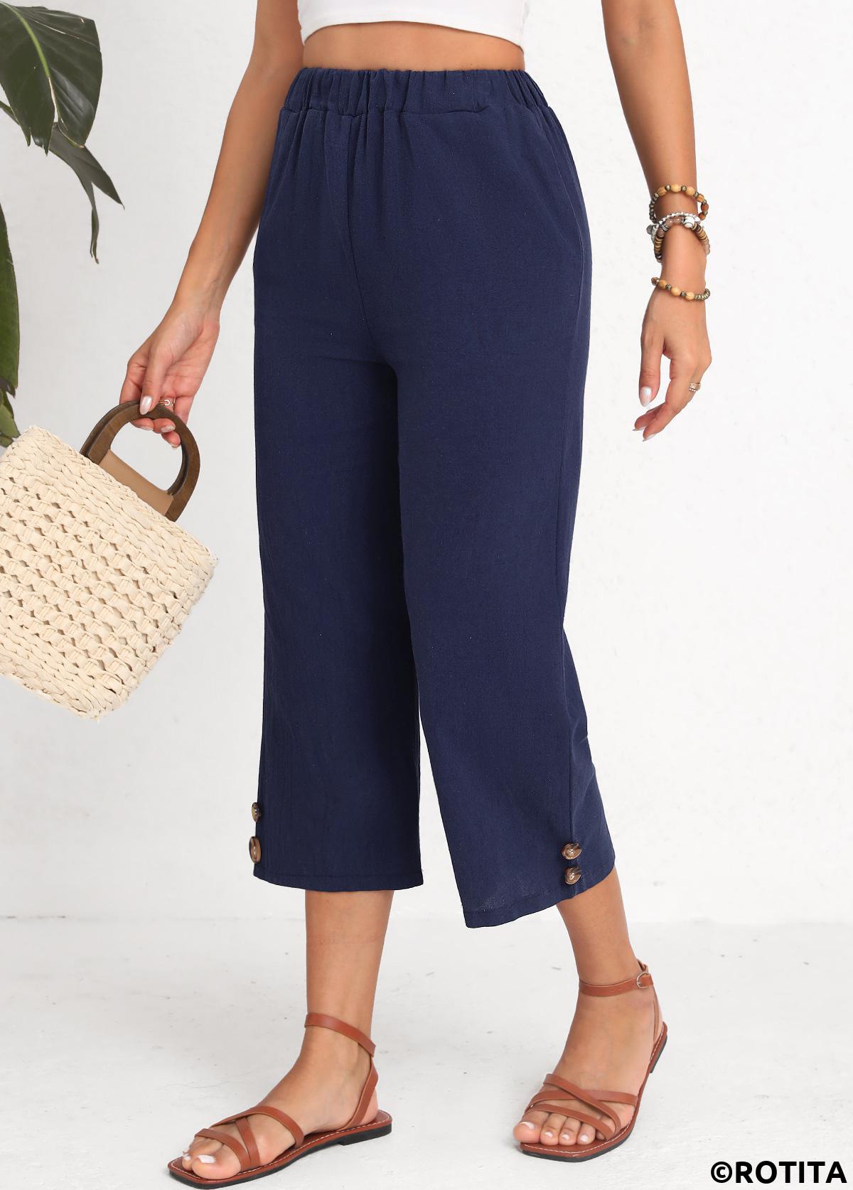 Navy bottoms,Plain Color bottoms,Button Navy Elastic Waist High Waisted Pants