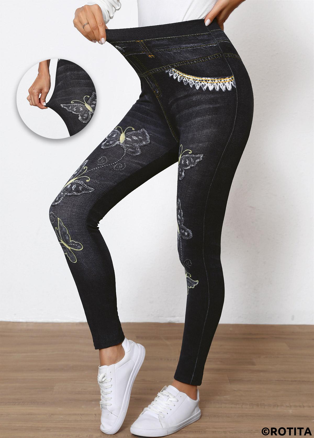 Black bottoms,Animal Print bottoms,Butterfly Print Black High Waisted Elastic Waist Leggings