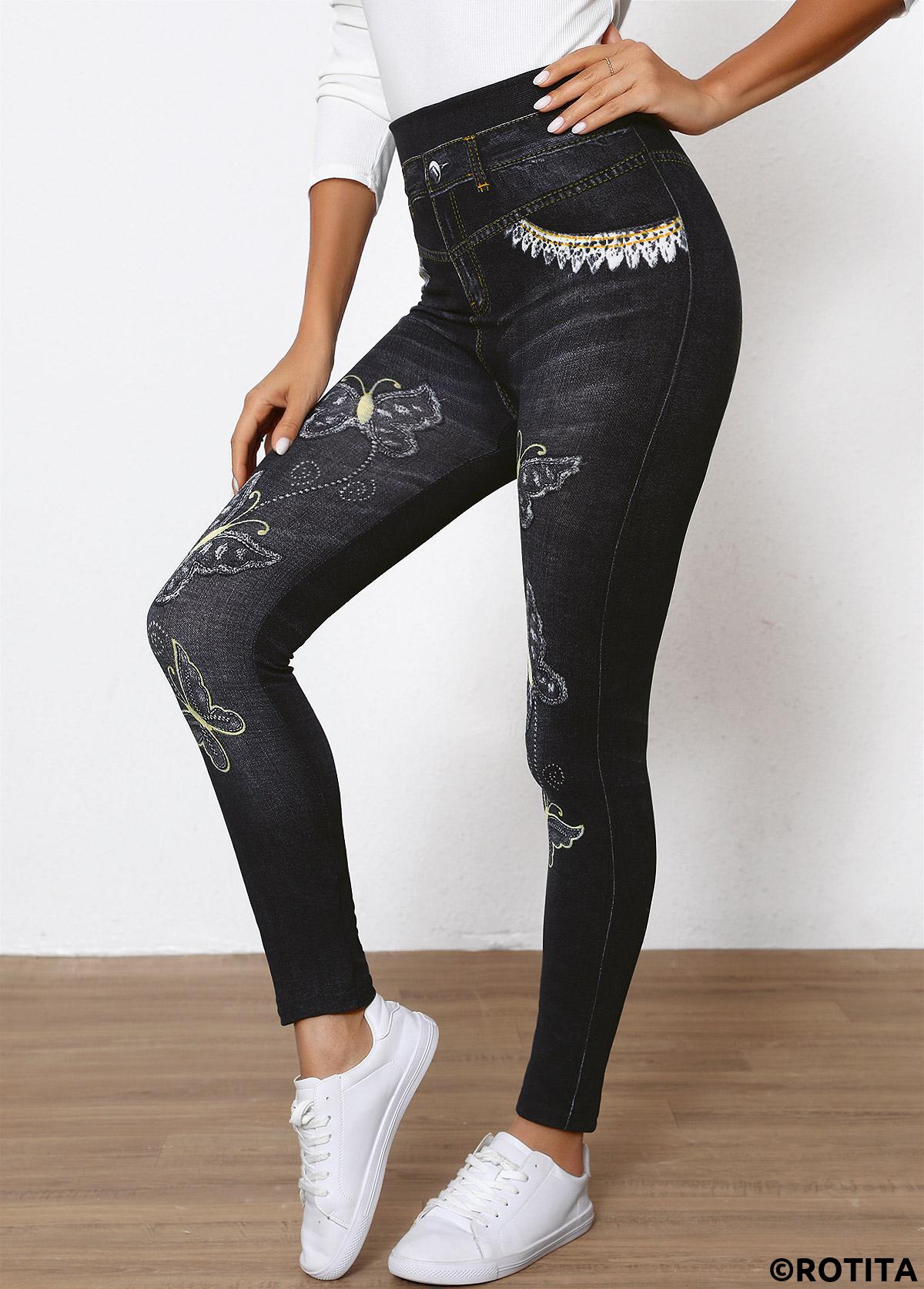 Black bottoms,Animal Print bottoms,Butterfly Print Black High Waisted Elastic Waist Leggings