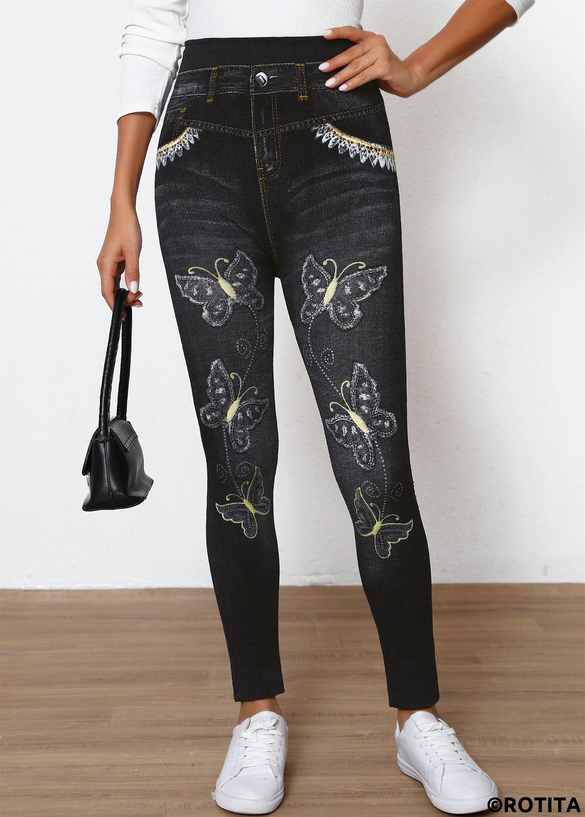Black bottoms,Animal Print bottoms,Butterfly Print Black High Waisted Elastic Waist Leggings