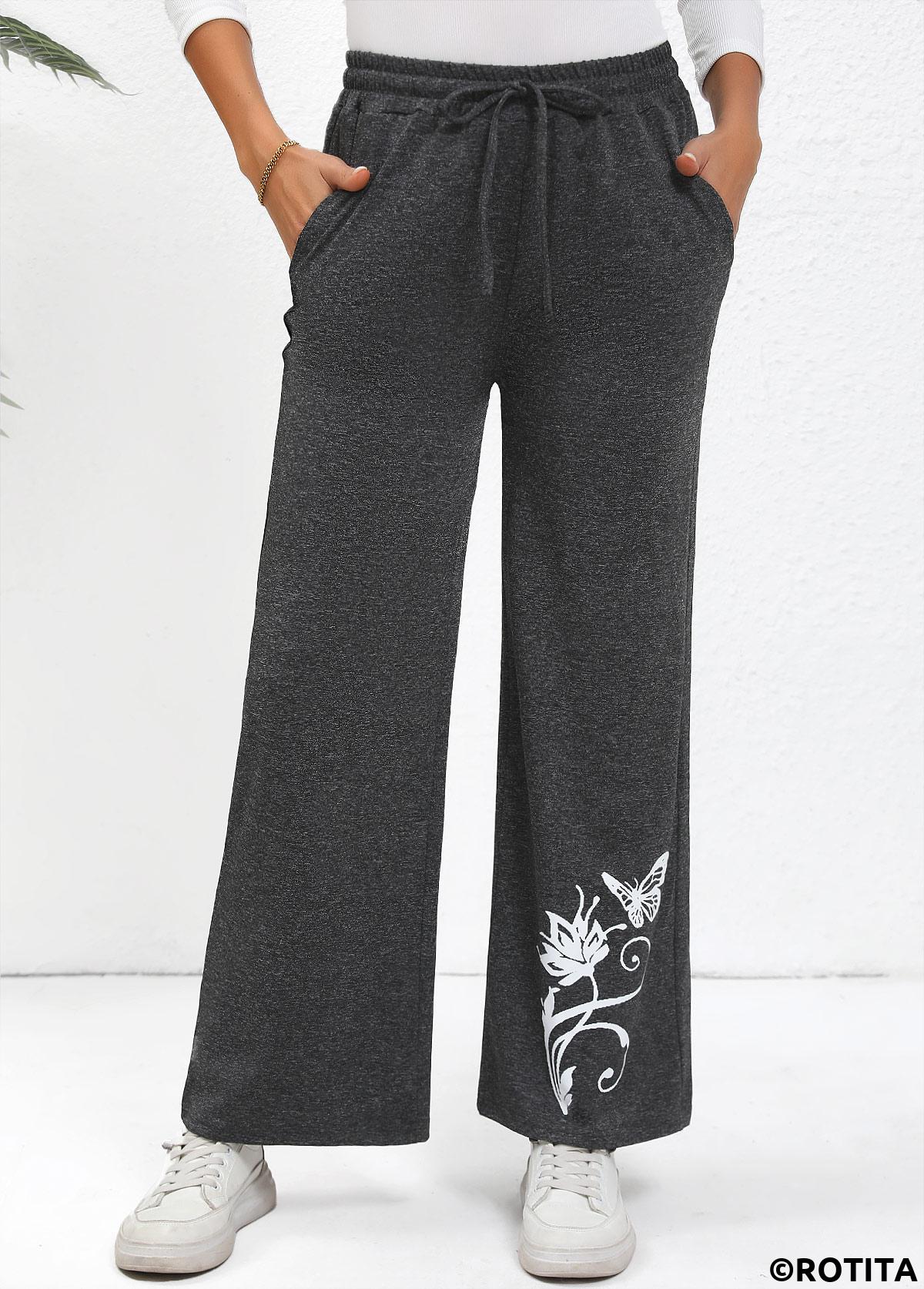 Dark Grey bottoms,Animal Print bottoms,Drawstring Butterfly Print Dark Grey Wide Leg Pants