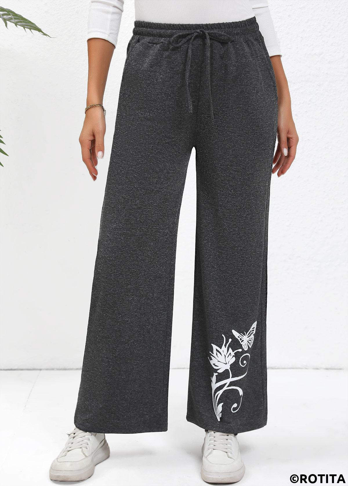 Dark Grey bottoms,Animal Print bottoms,Drawstring Butterfly Print Dark Grey Wide Leg Pants