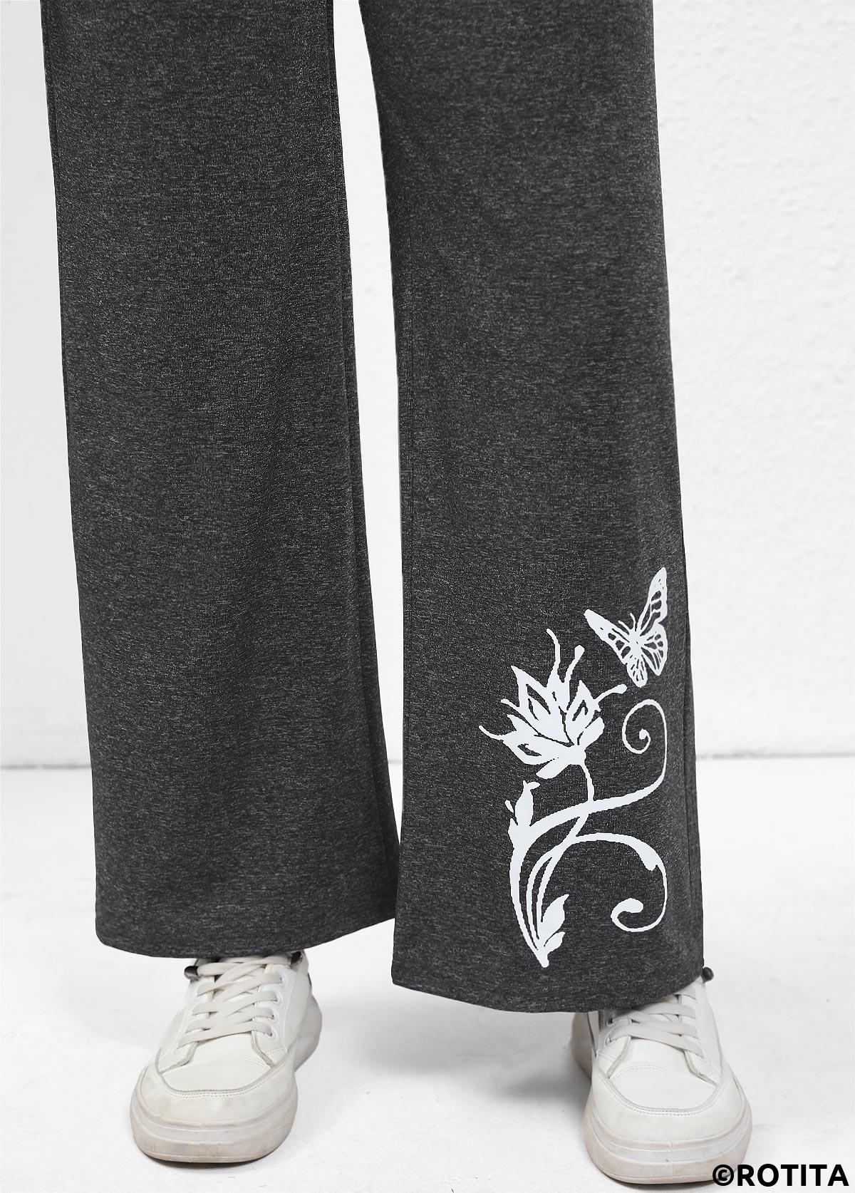 Dark Grey bottoms,Animal Print bottoms,Drawstring Butterfly Print Dark Grey Wide Leg Pants