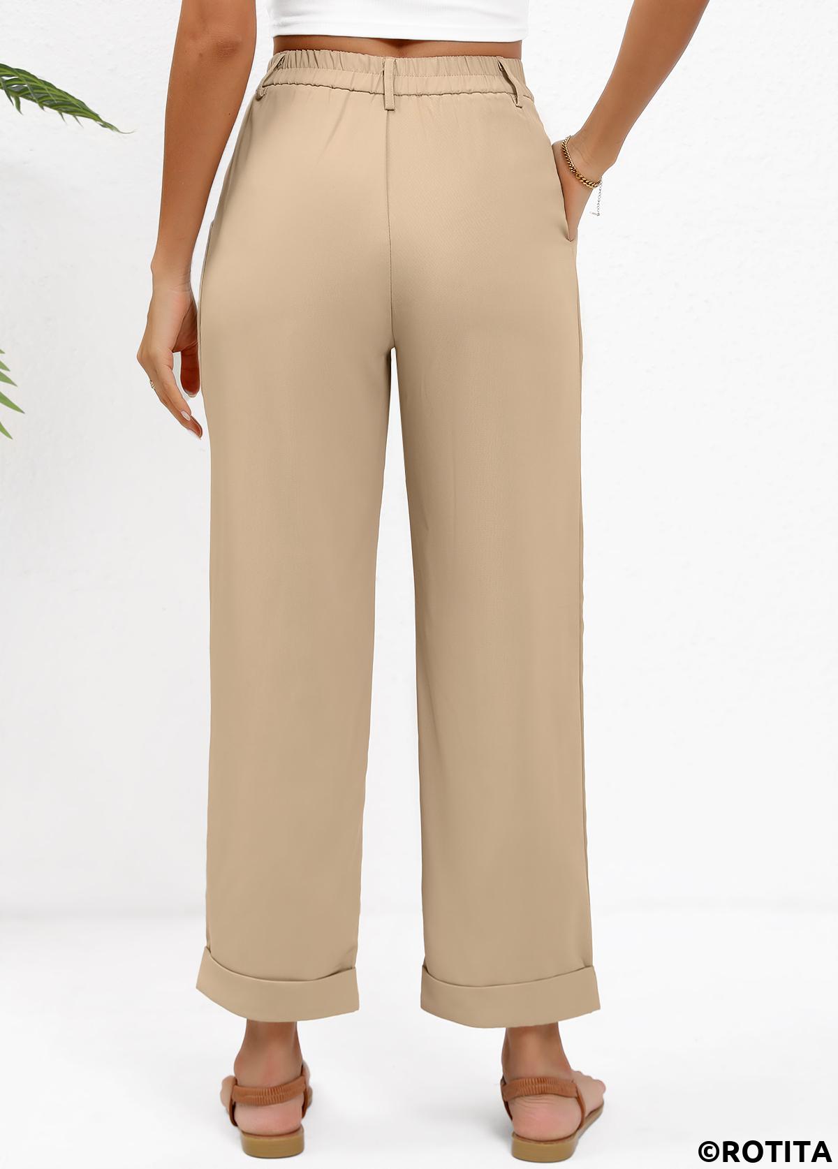 Light Camel bottoms,Plain Color bottoms,Button Light Camel Straight Leg High Waisted Pants