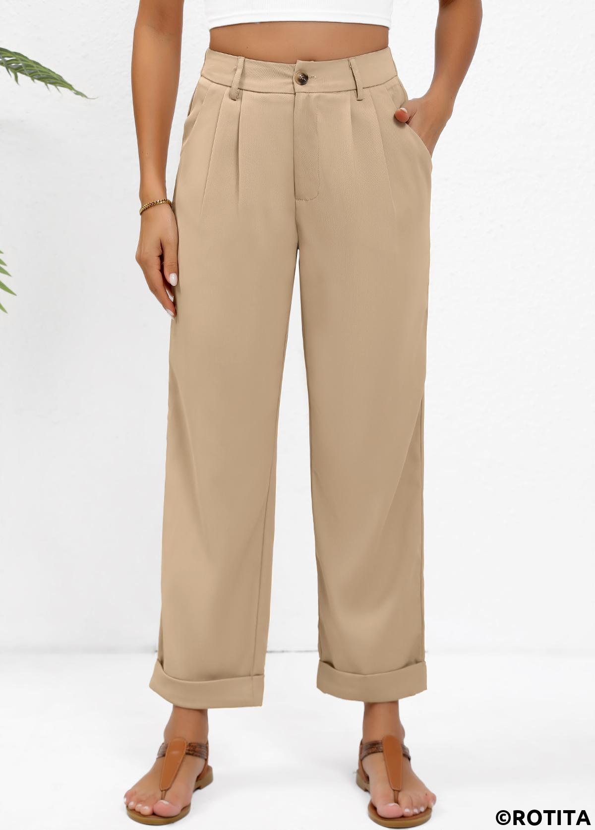 Light Camel bottoms,Plain Color bottoms,Button Light Camel Straight Leg High Waisted Pants