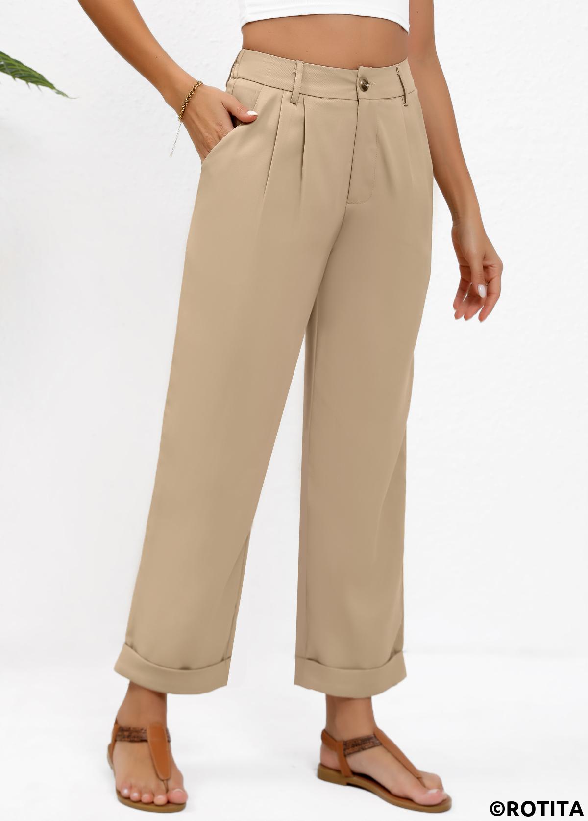 Light Camel bottoms,Plain Color bottoms,Button Light Camel Straight Leg High Waisted Pants