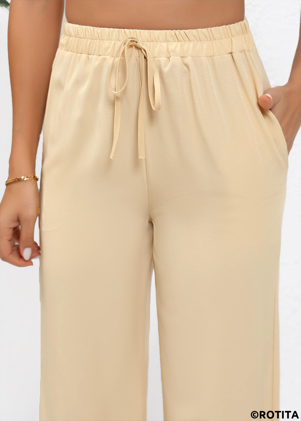 Light Coffee bottoms,Plain Color bottoms,Drawstring Light Coffee Straight Leg Elastic Waist Pants