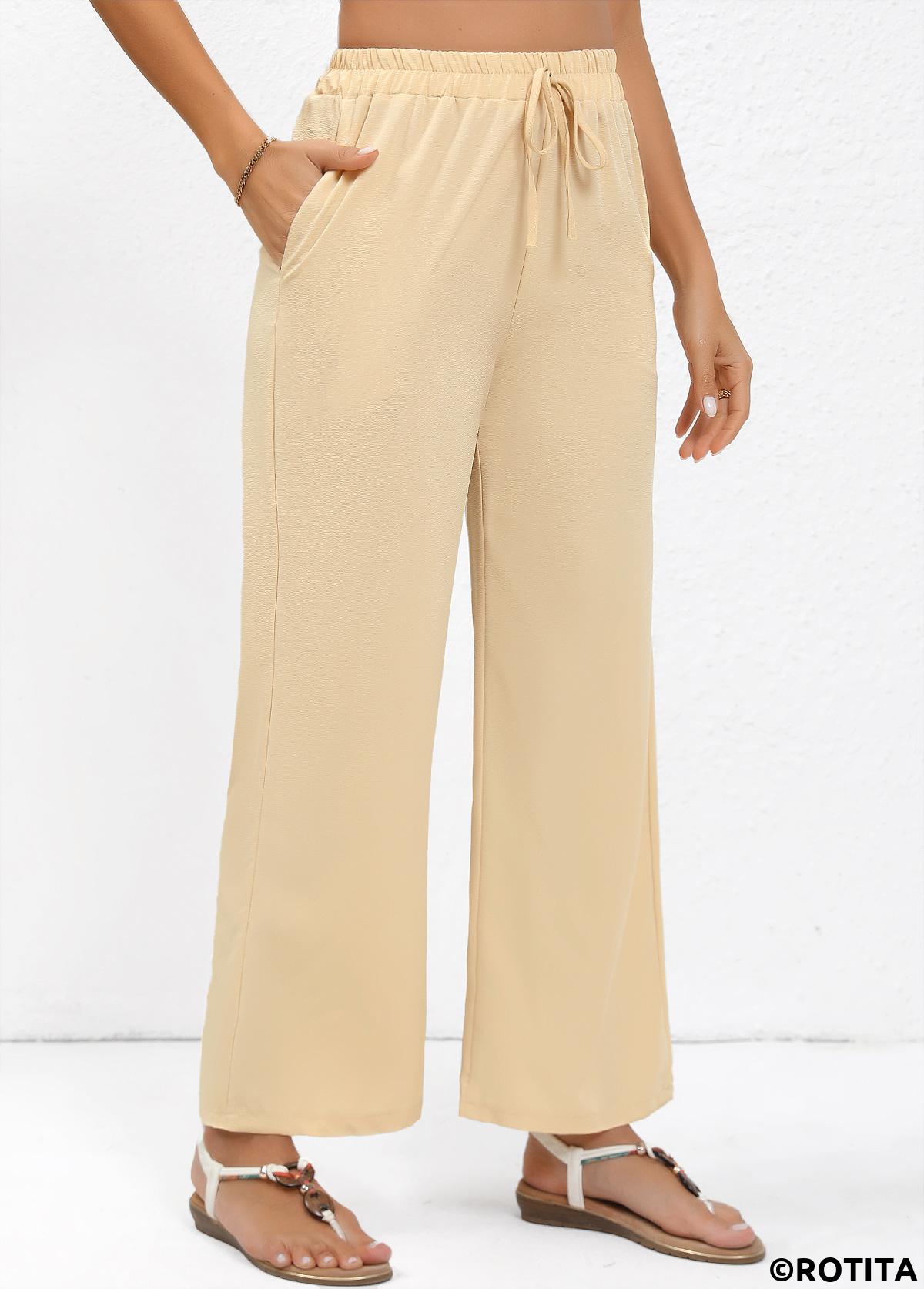 Light Coffee bottoms,Plain Color bottoms,Drawstring Light Coffee Straight Leg Elastic Waist Pants