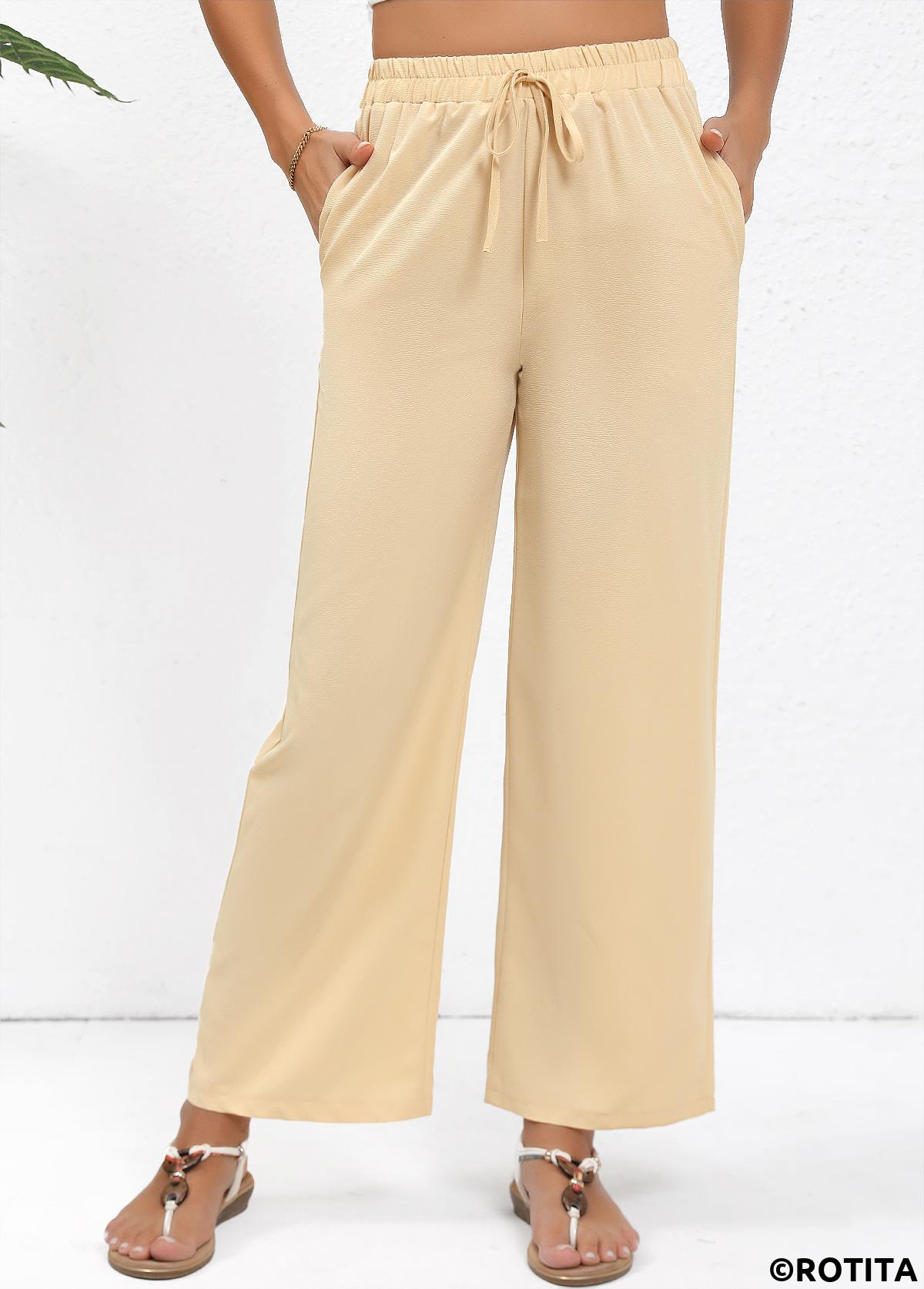Light Coffee bottoms,Plain Color bottoms,Drawstring Light Coffee Straight Leg Elastic Waist Pants