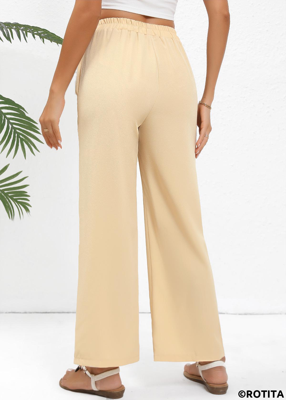 Light Coffee bottoms,Plain Color bottoms,Drawstring Light Coffee Straight Leg Elastic Waist Pants