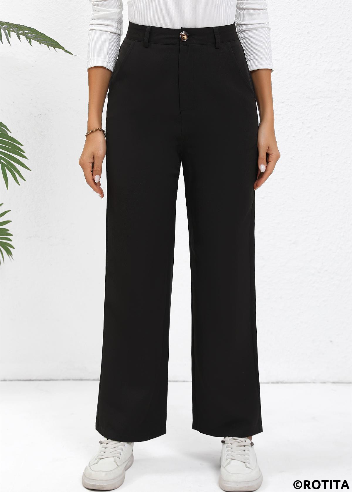 Black bottoms,Plain Color bottoms,Button Black Straight Leg High Waisted Pants