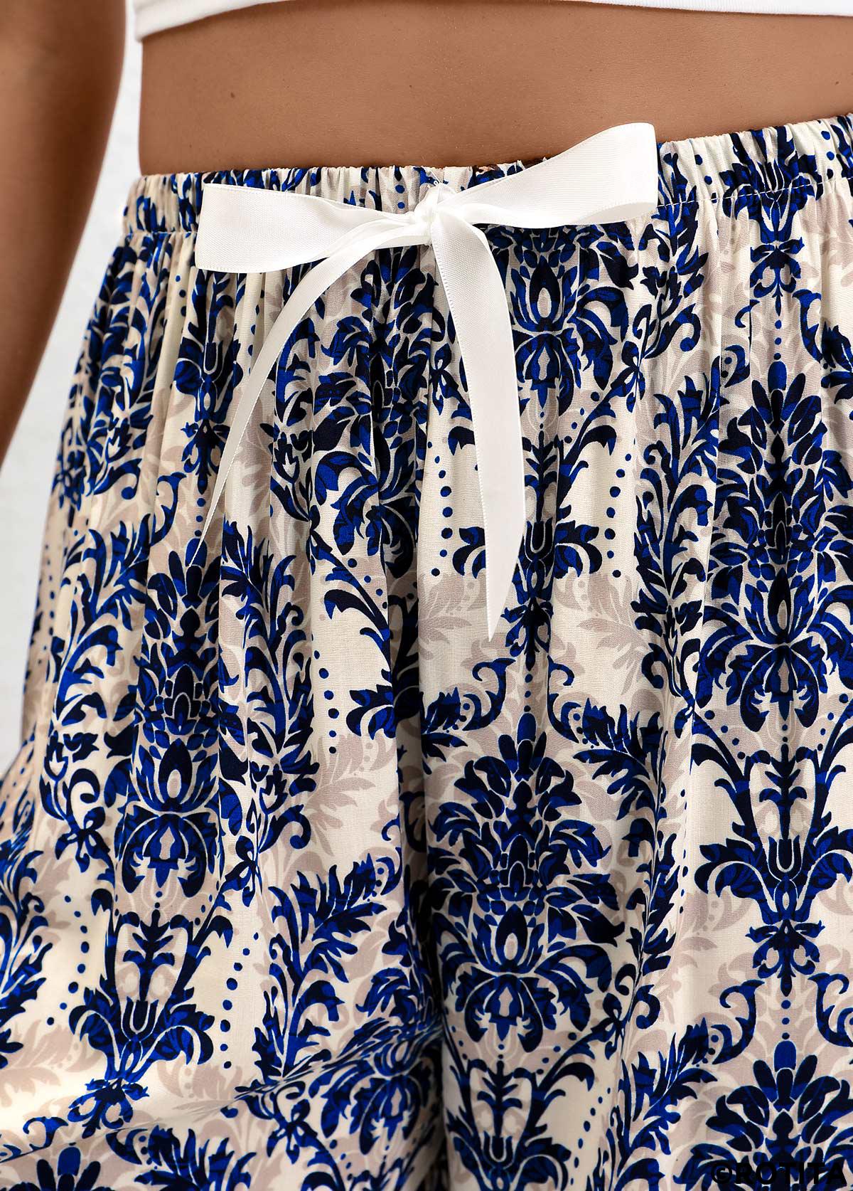 Navy bottoms,Plants bottoms,Bowknot Plants Print Navy Wide Leg Elastic Waist Pants