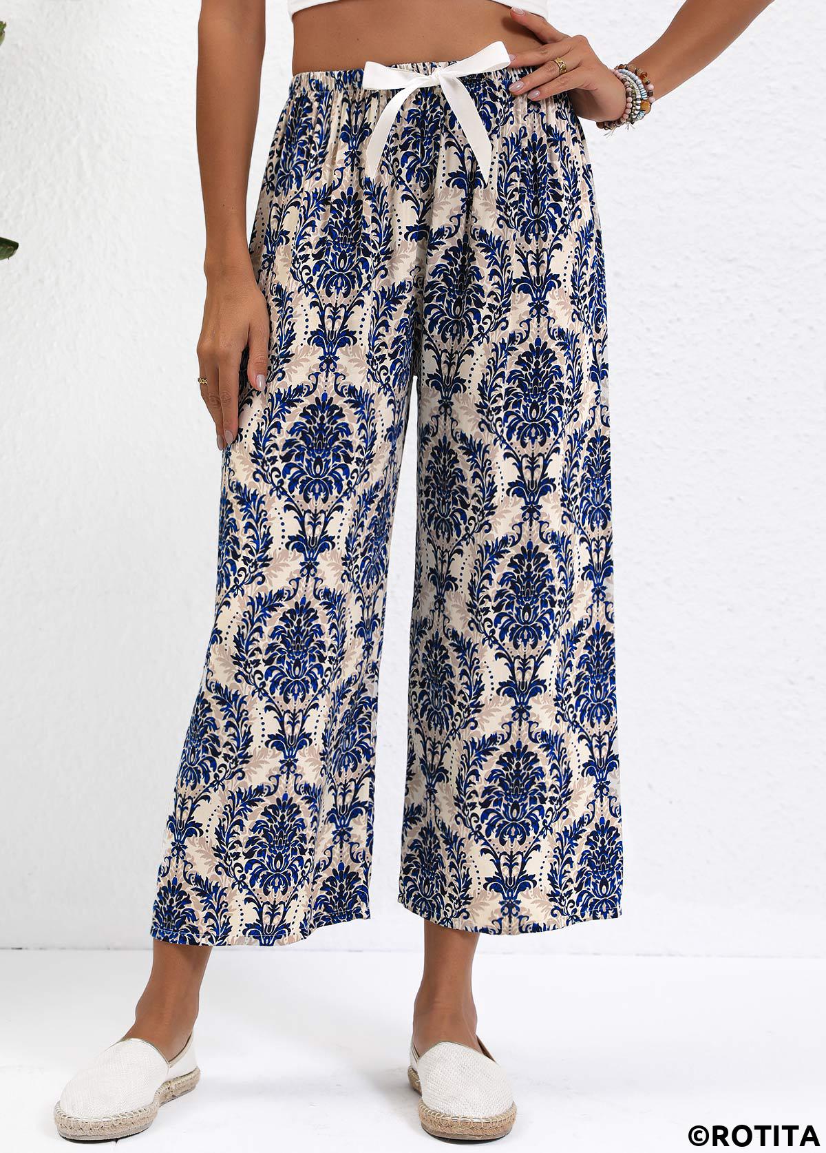 Navy bottoms,Plants bottoms,Bowknot Plants Print Navy Wide Leg Elastic Waist Pants