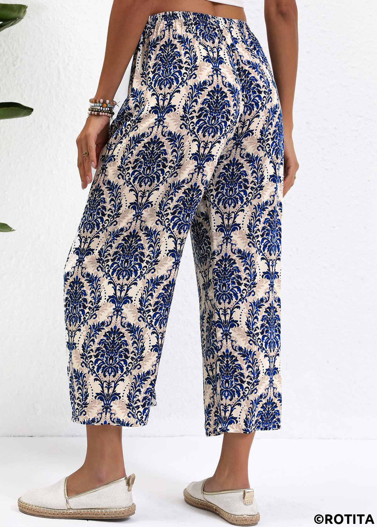 Navy bottoms,Plants bottoms,Bowknot Plants Print Navy Wide Leg Elastic Waist Pants