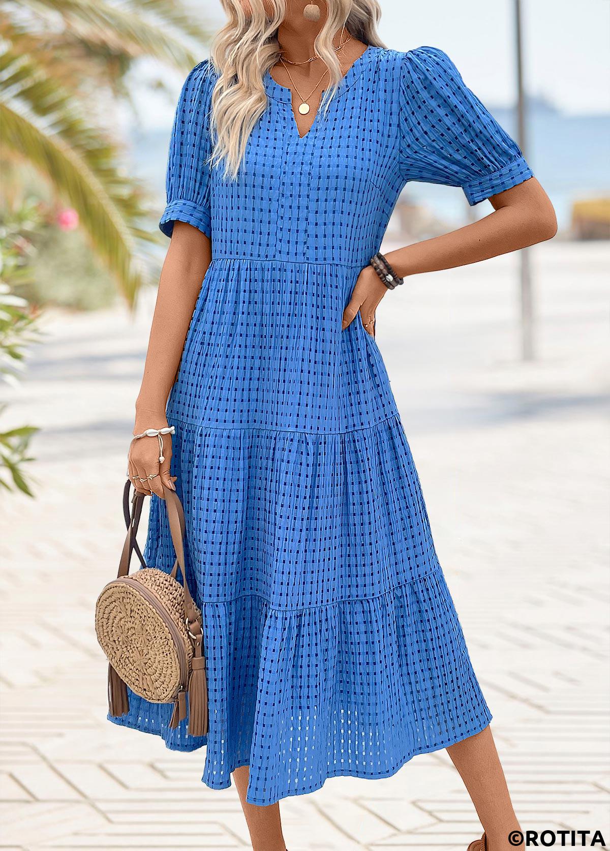 Blue dresses,Plain Color dresses,Vacation dresses,Vacation dresses,ROTITA Button Blue Split Neck Short Sleeve Dress