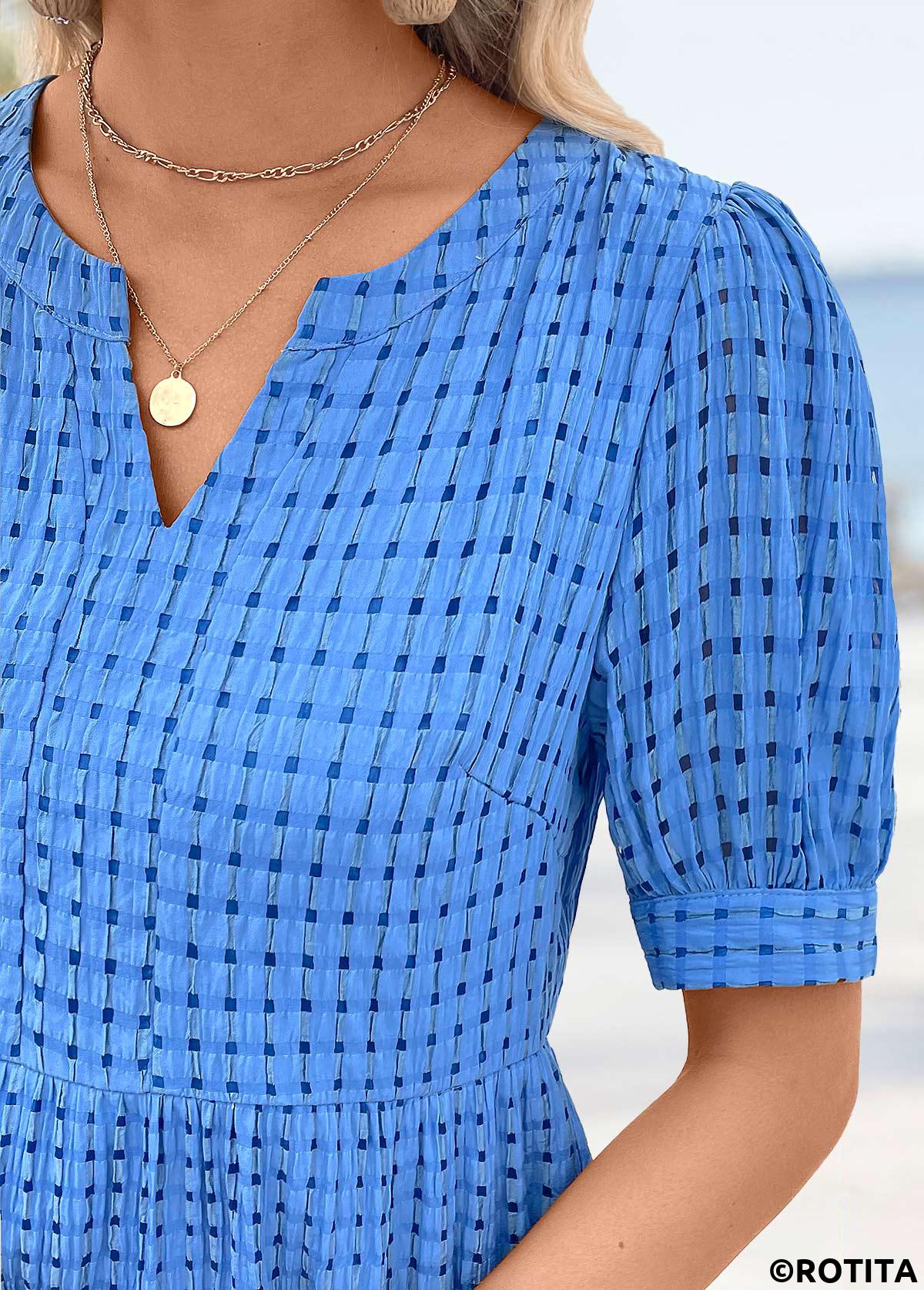 Blue dresses,Plain Color dresses,Vacation dresses,Vacation dresses,ROTITA Button Blue Split Neck Short Sleeve Dress