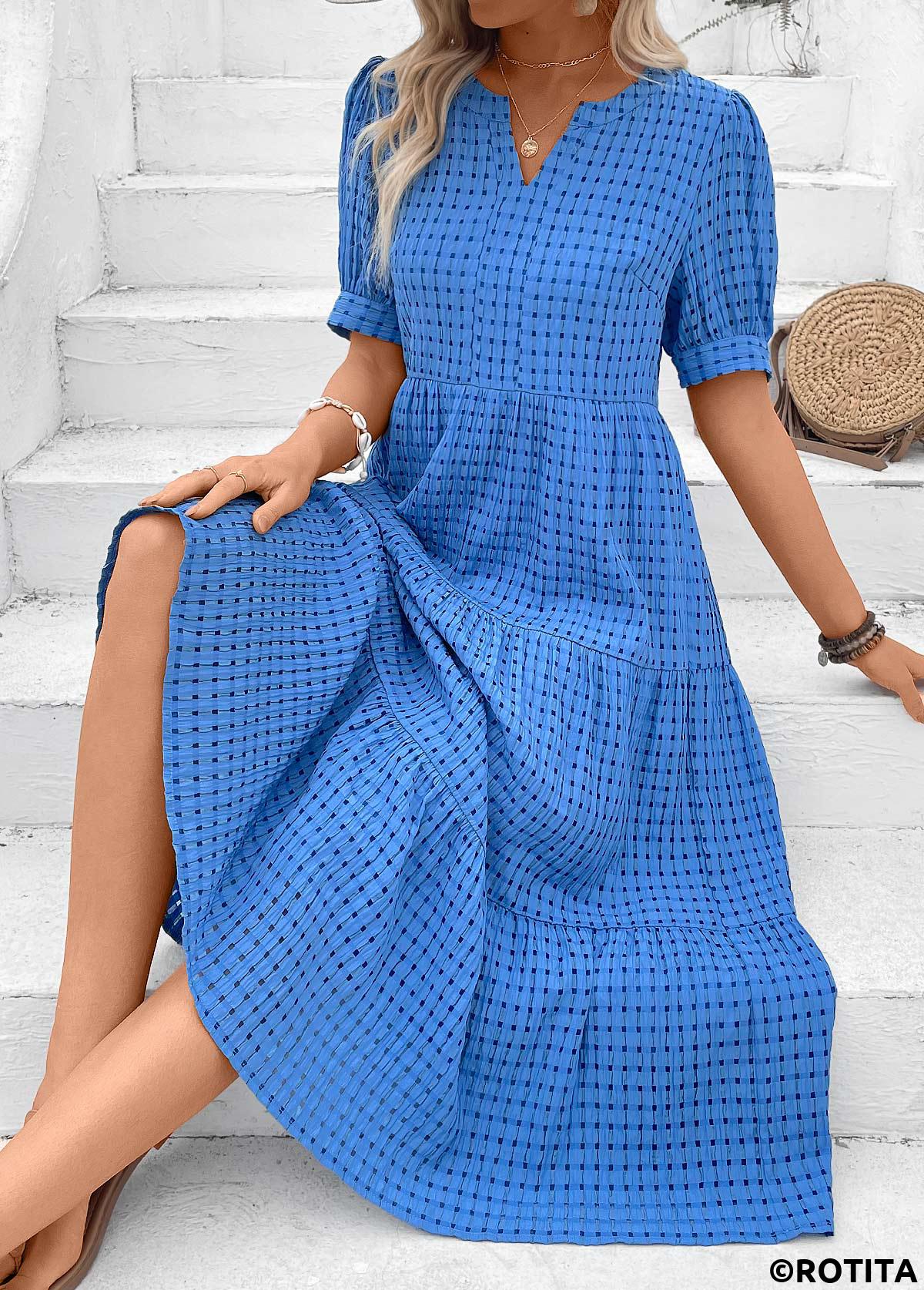 Blue dresses,Plain Color dresses,Vacation dresses,Vacation dresses,ROTITA Button Blue Split Neck Short Sleeve Dress